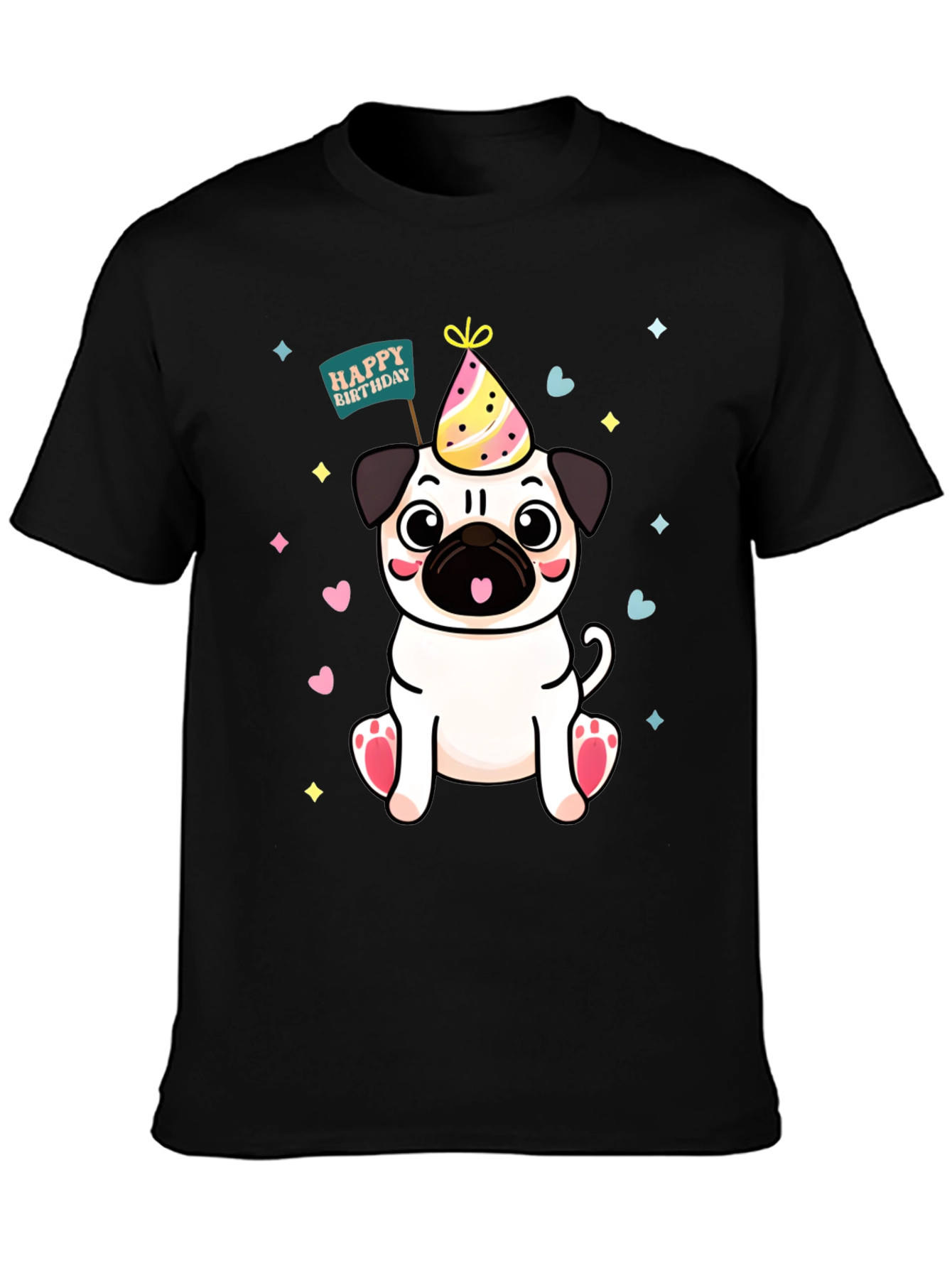 Black Cute Pug Birthday T-Shirt view 3