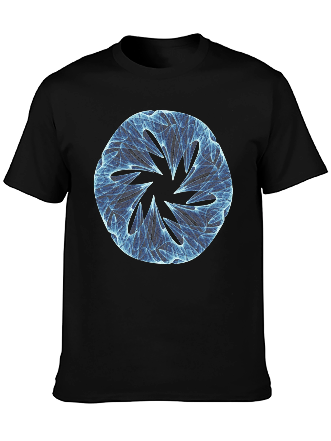 Black Abstract Blue Circular Design Black T-Shirt view 3