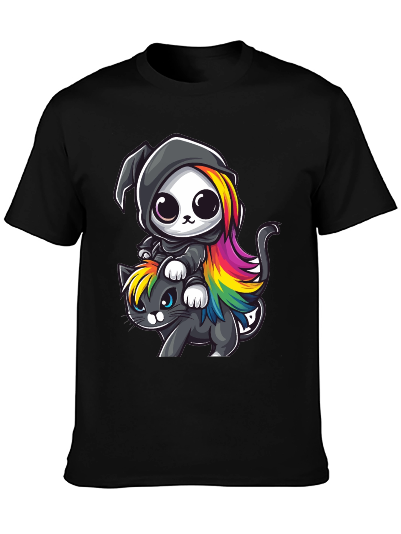 Black Cute Grim Reaper Cat Ride T-Shirt view 3