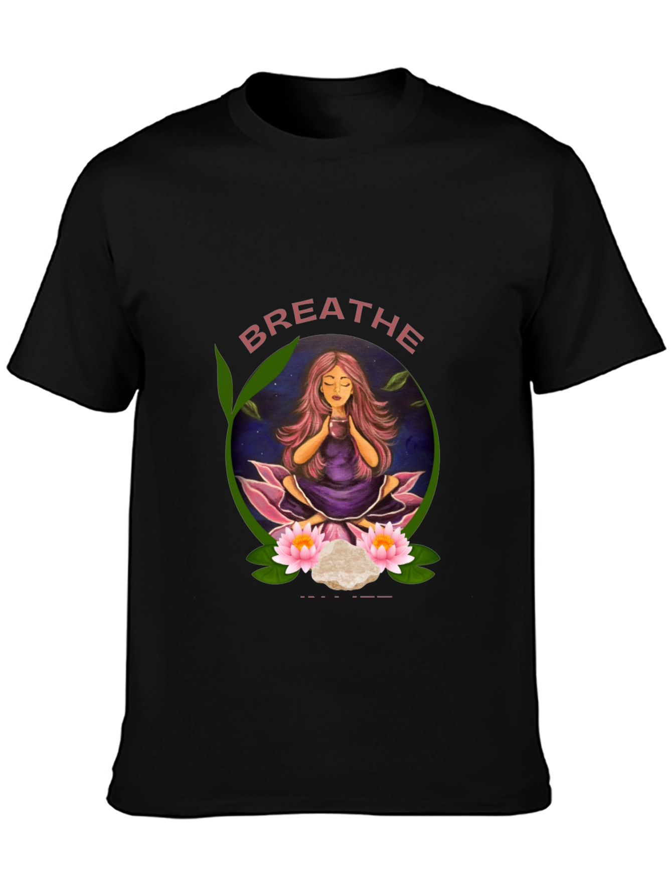 Black Breathe Yoga T-Shirt - Meditating Woman Design view 3