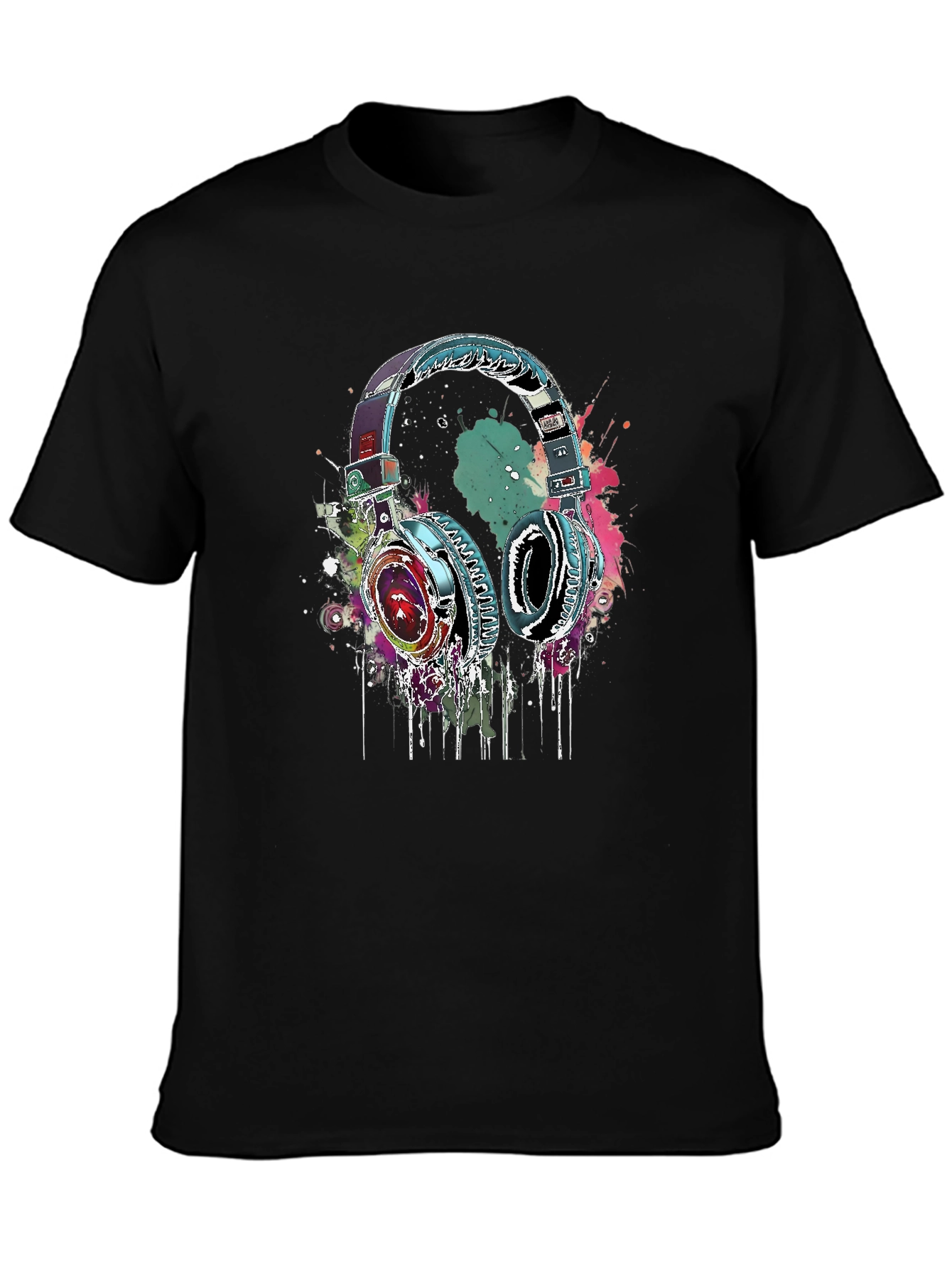 Black Vibrant Headphones Graphic Black T-Shirt view 3