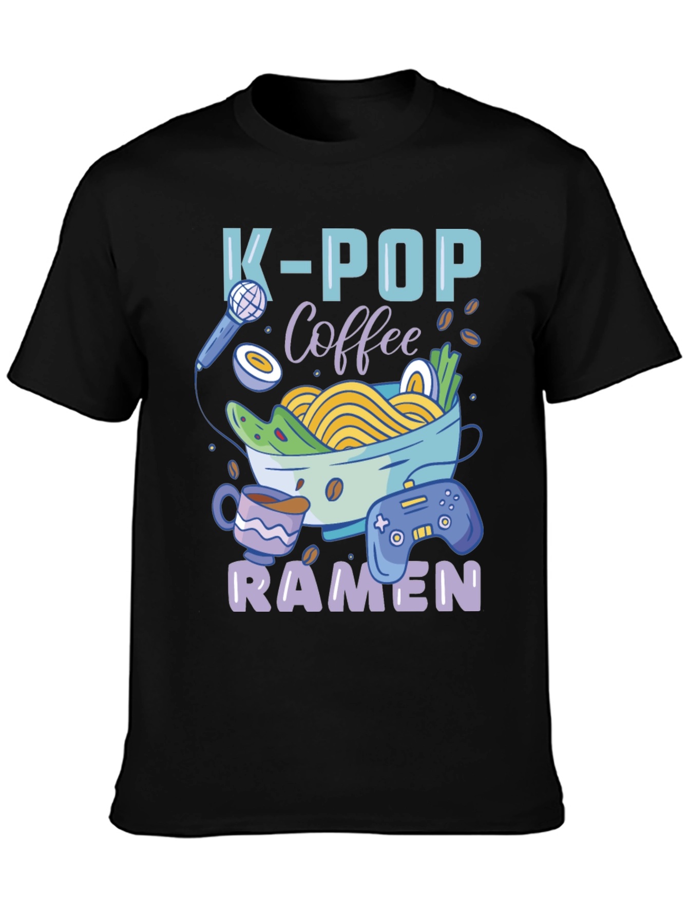 Black K-POP Coffee Ramen Gamer Graphic T-Shirt view 3