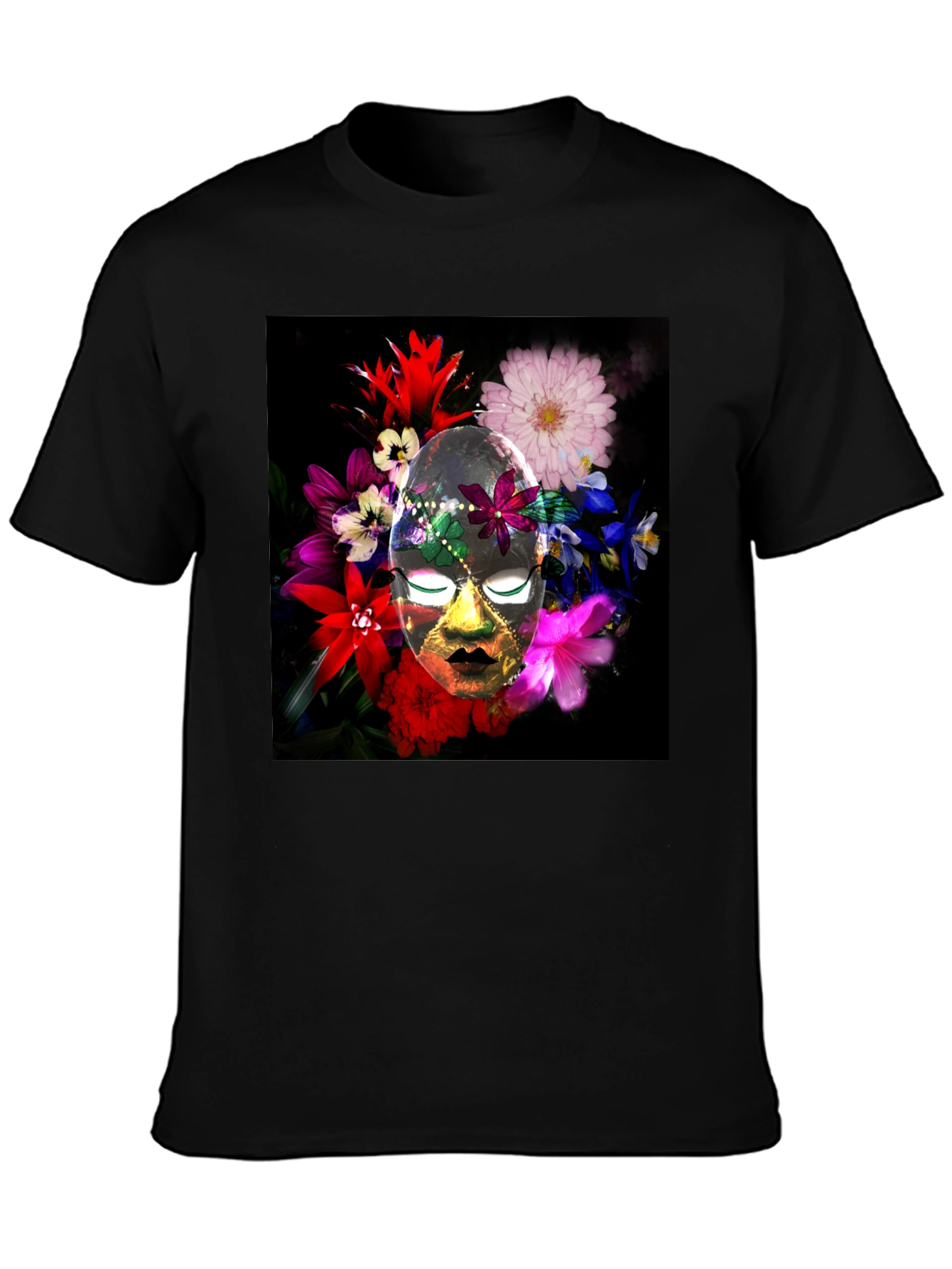 Black Floral Mask Graphic Tee - Black Cotton Blend view 3