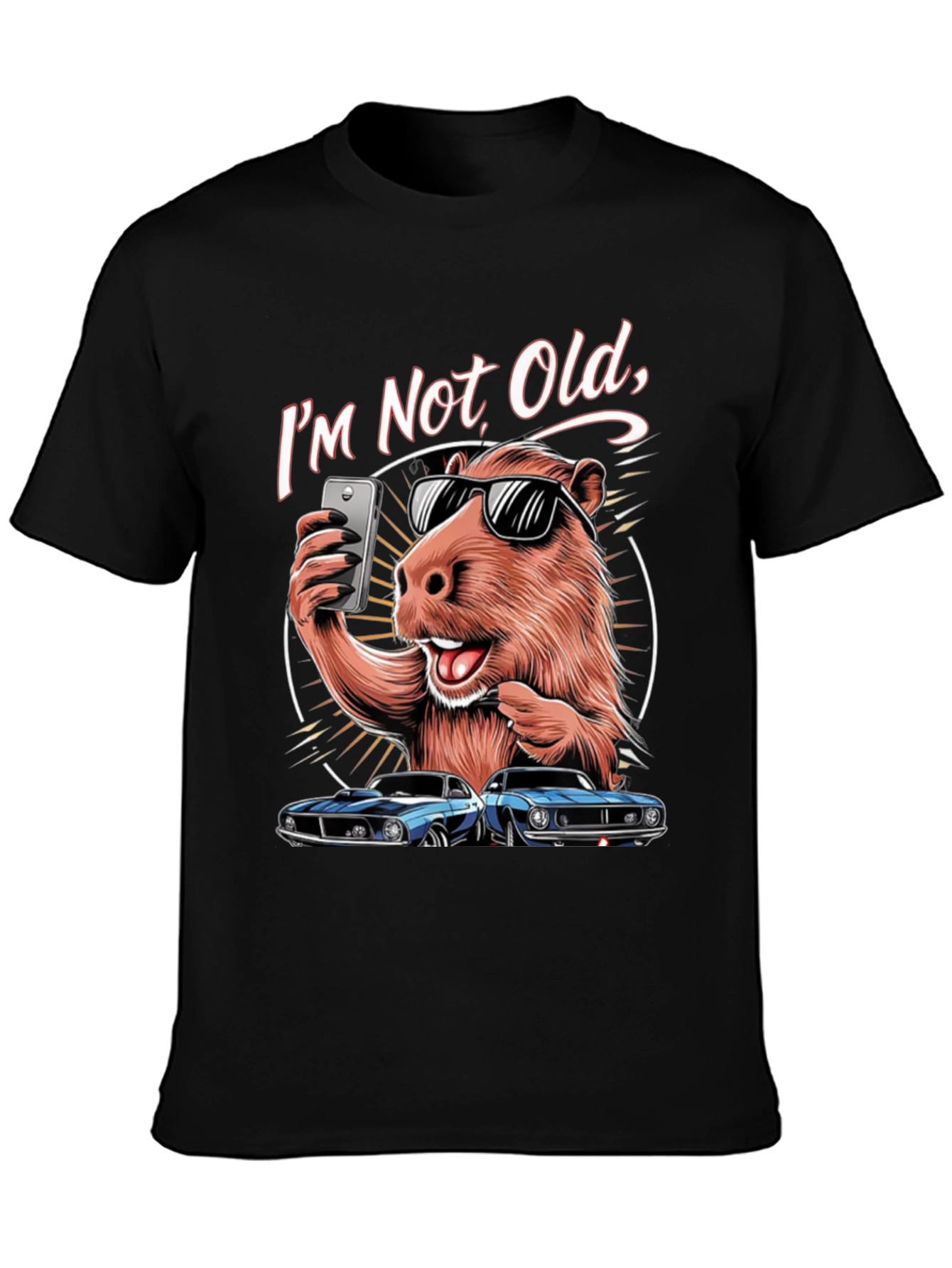 Black I'm Not Old T-Shirt: Capybara Selfie & Classic Car Design view 3