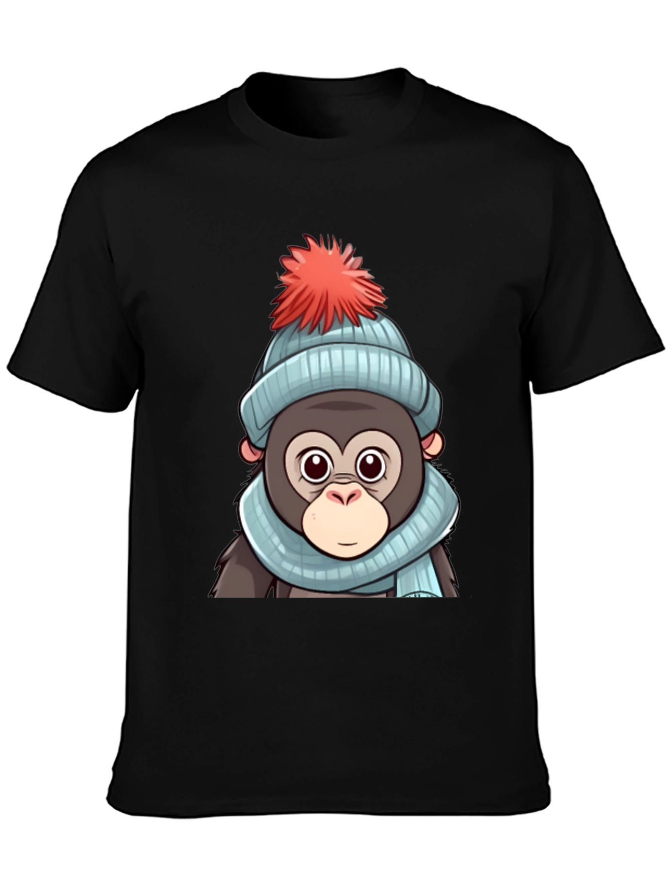 Black Cute Cartoon Monkey in Winter Hat T-Shirt view 3