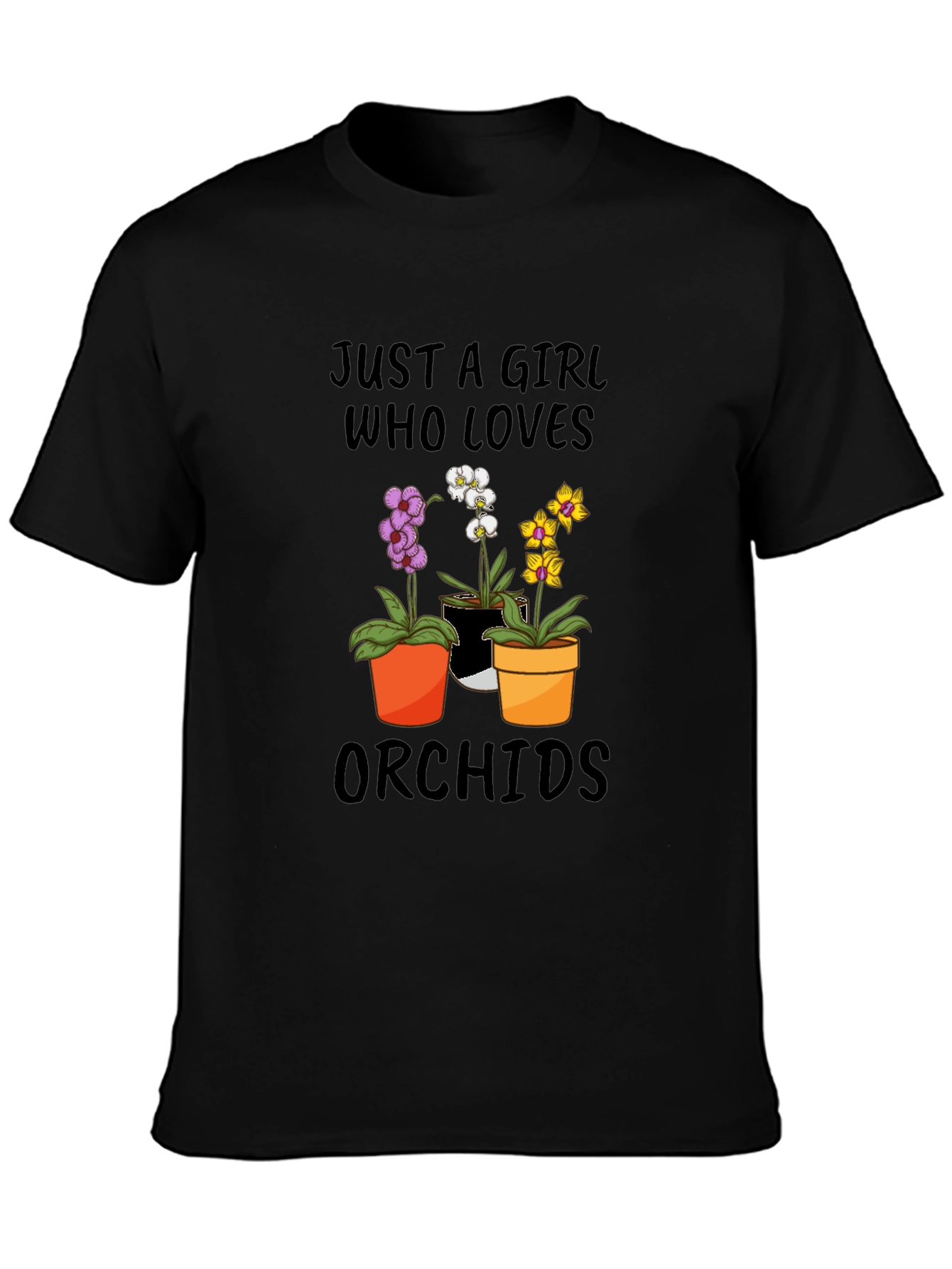 Black Just A Girl Who Loves Orchids T-Shirt view 3