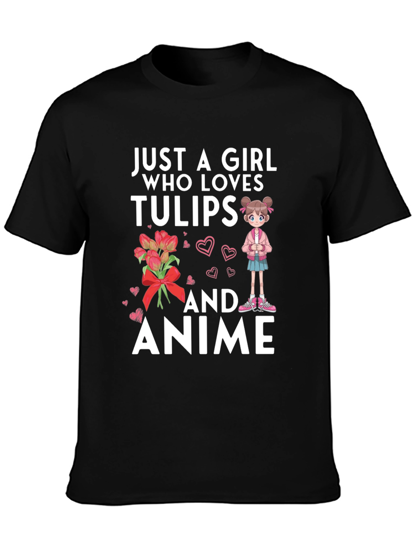 Black Just A Girl Who Loves Tulips and Anime T-Shirt view 3
