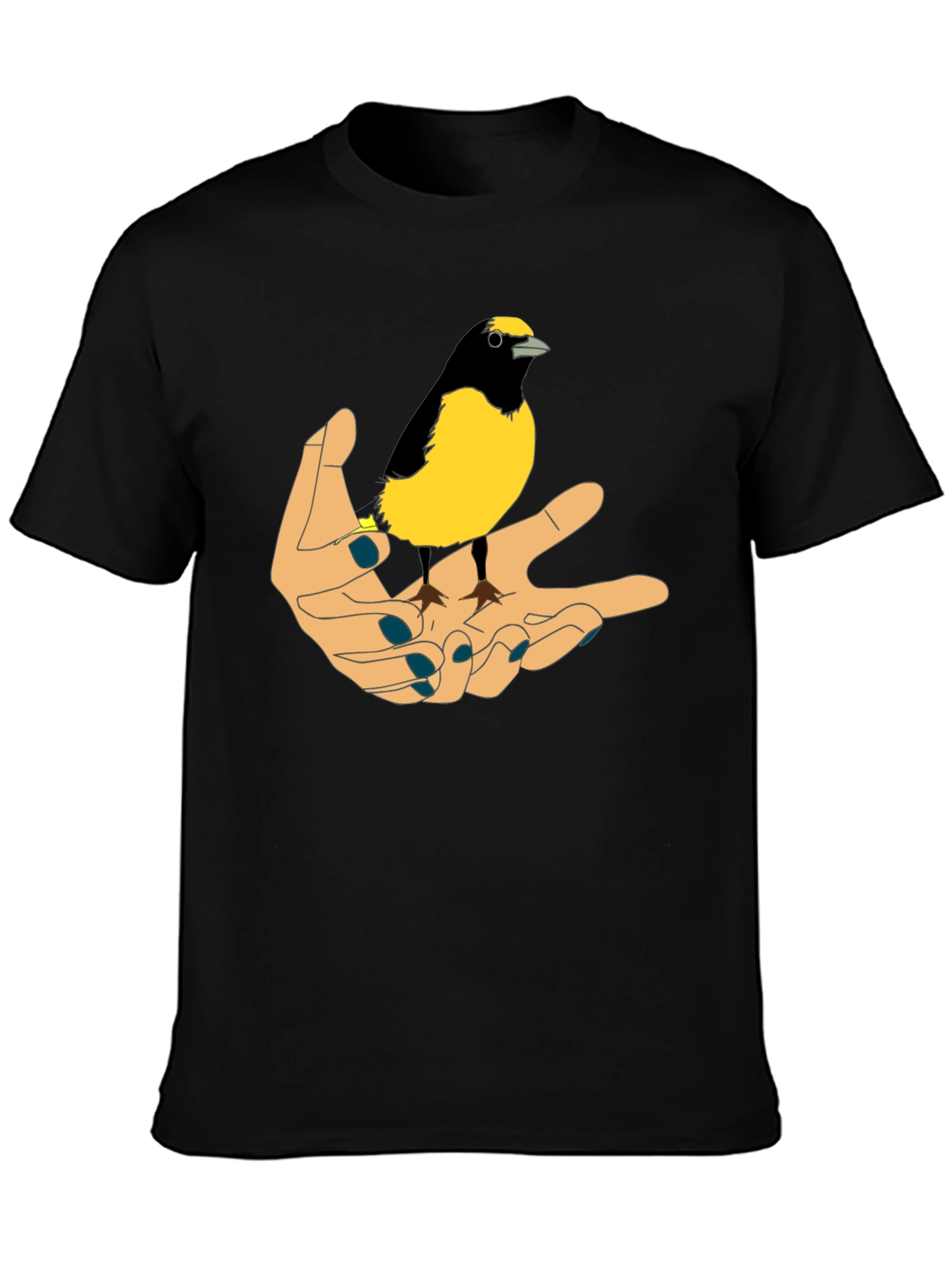 Black Bird on Hand Graphic Tee - Black Cotton T-Shirt view 3