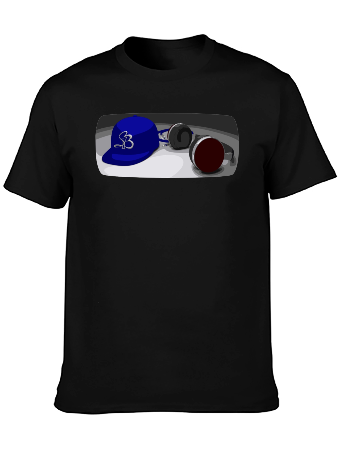 Black Cool Cartoon Blue Hat and Headphones Graphic Tee view 3