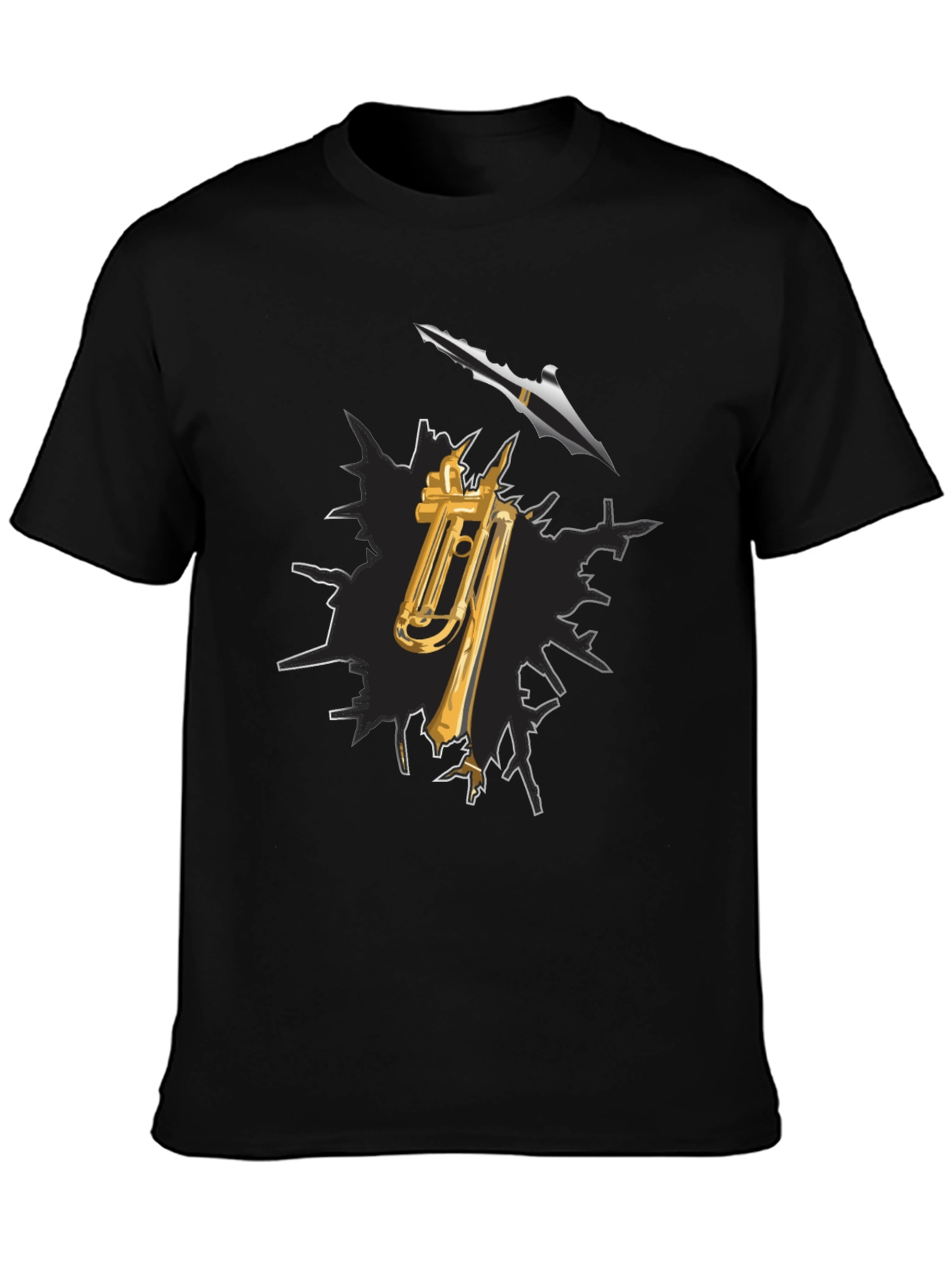 Black Trumpet and Spear Graphic Black T-Shirt view 3