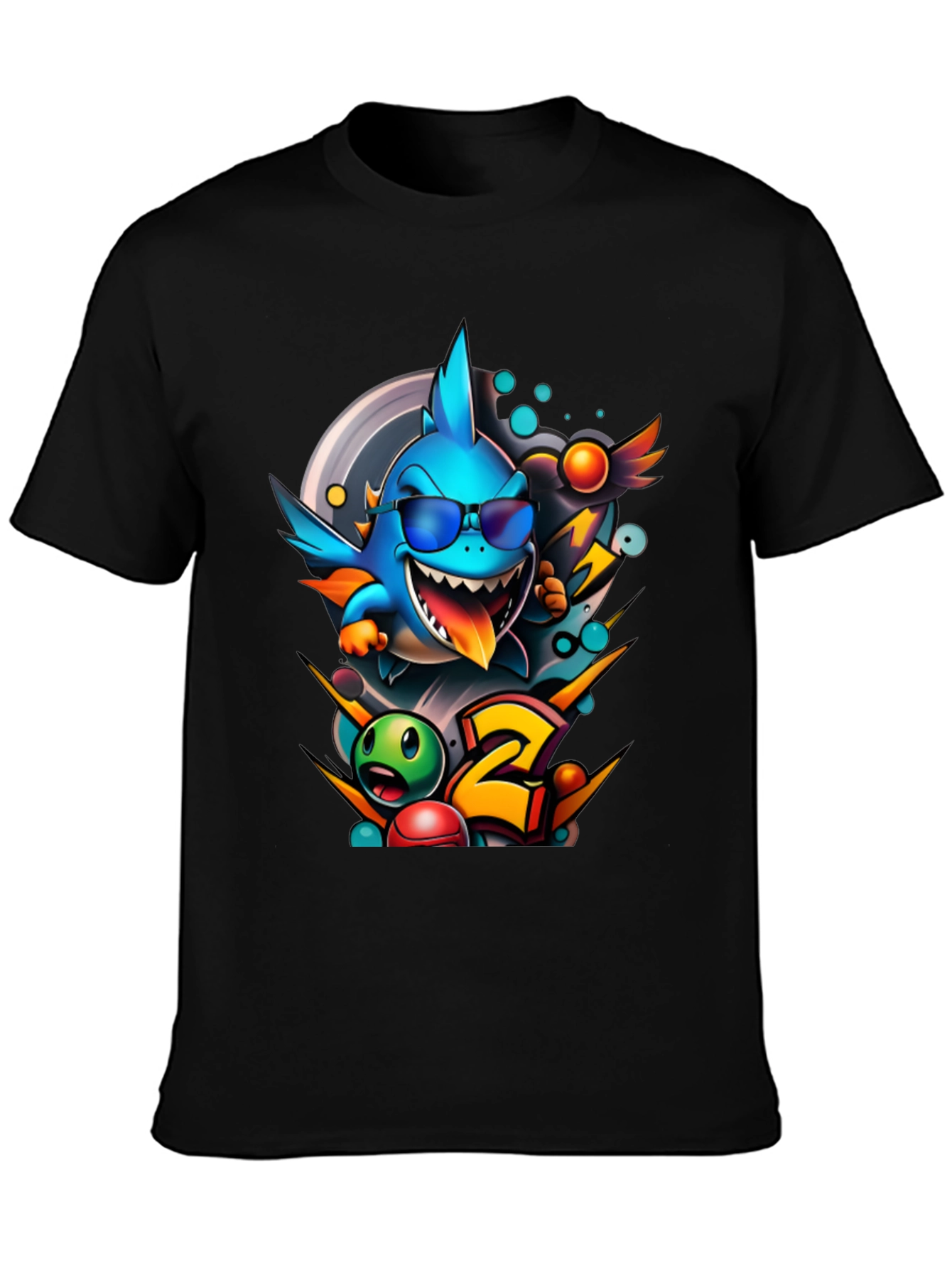 Black Cool Shark Cartoon Graphic Print T-Shirt view 3
