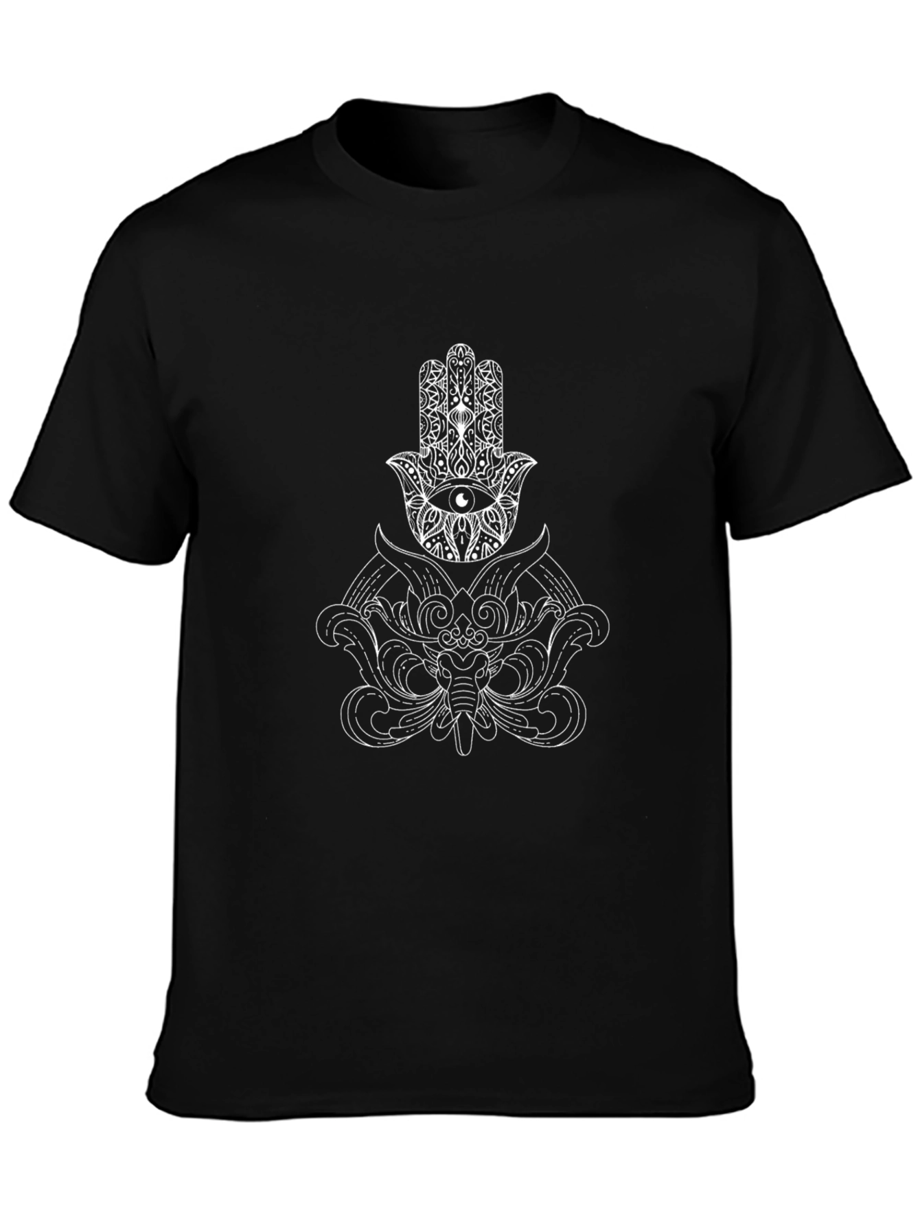 Black Hamsa Hand Elephant Graphic Print Black T-Shirt view 3