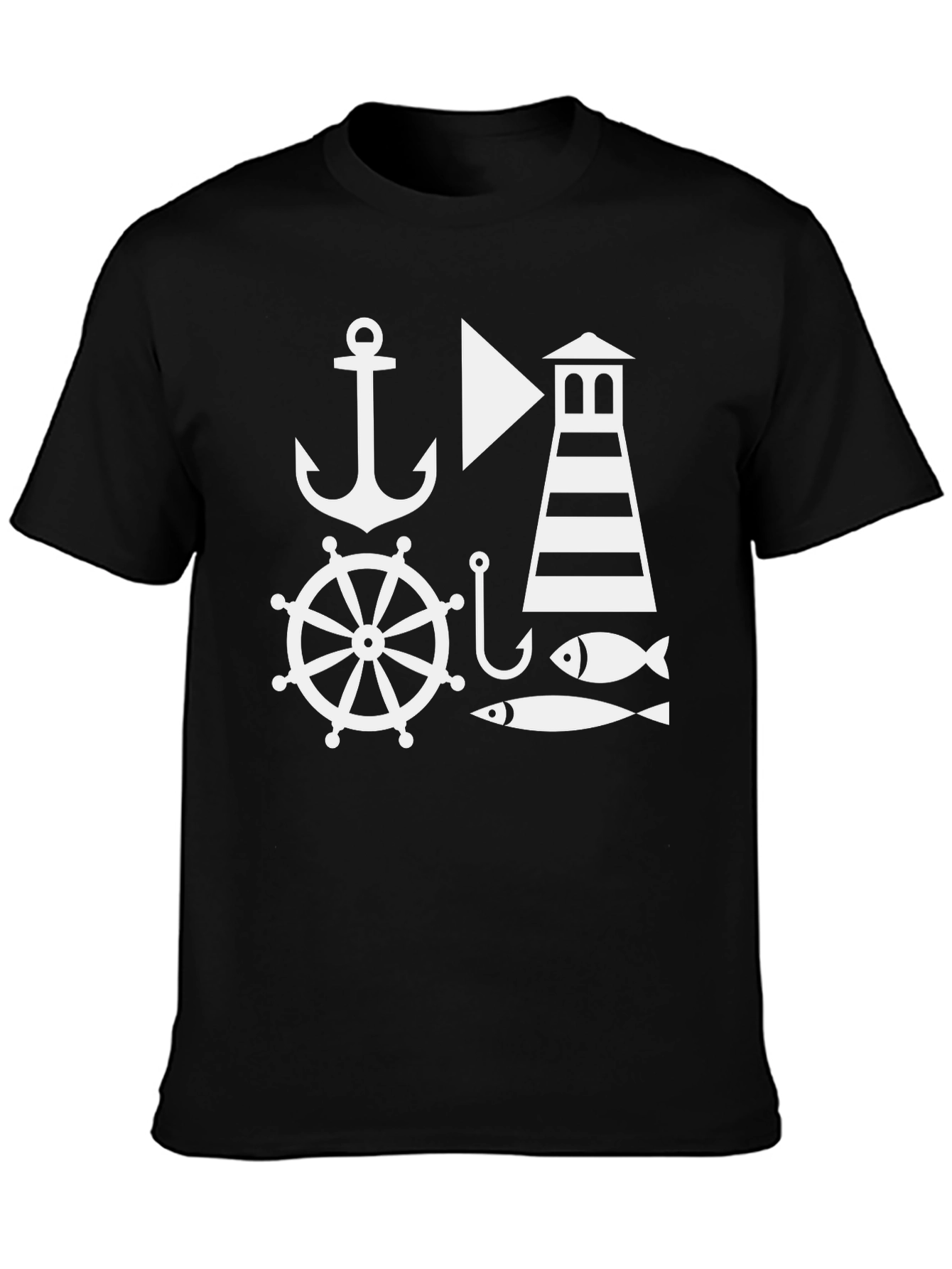 Black Nautical Theme Men's Black T-Shirt: Anchor, Lighthouse, Fish view 3
