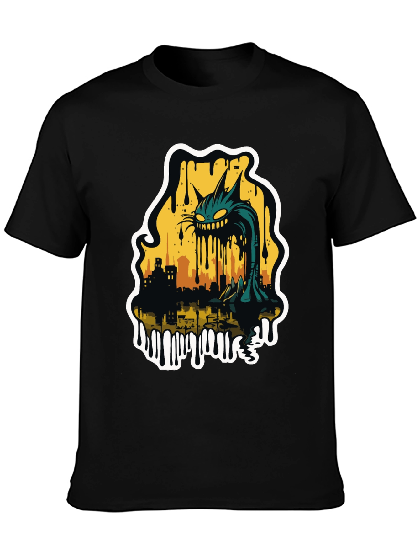 Black Monster Cat Cityscape Graphic Tee - Black view 3