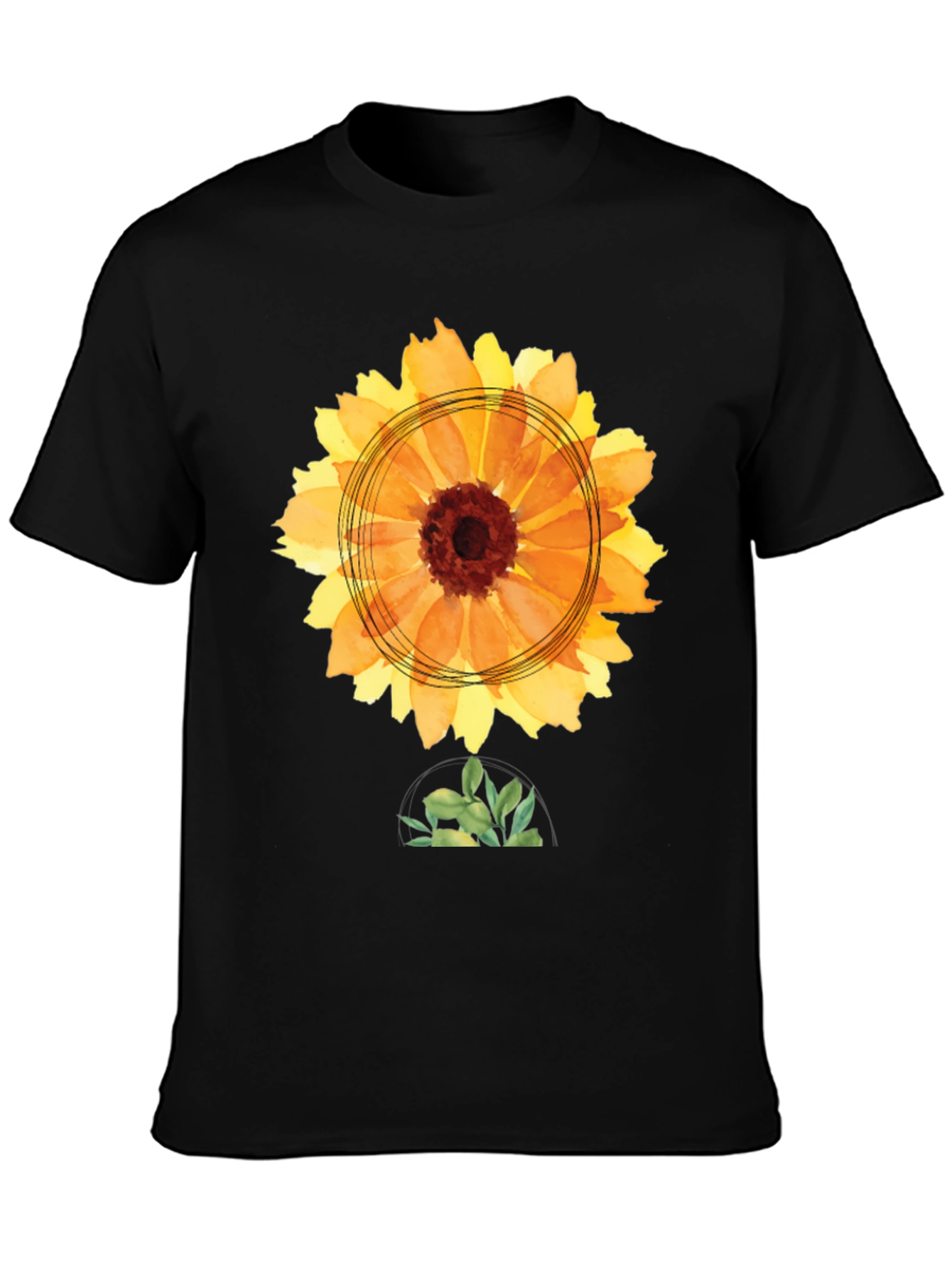 Black Sunflower Watercolor Graphic Tee - Black Cotton T-Shirt view 3