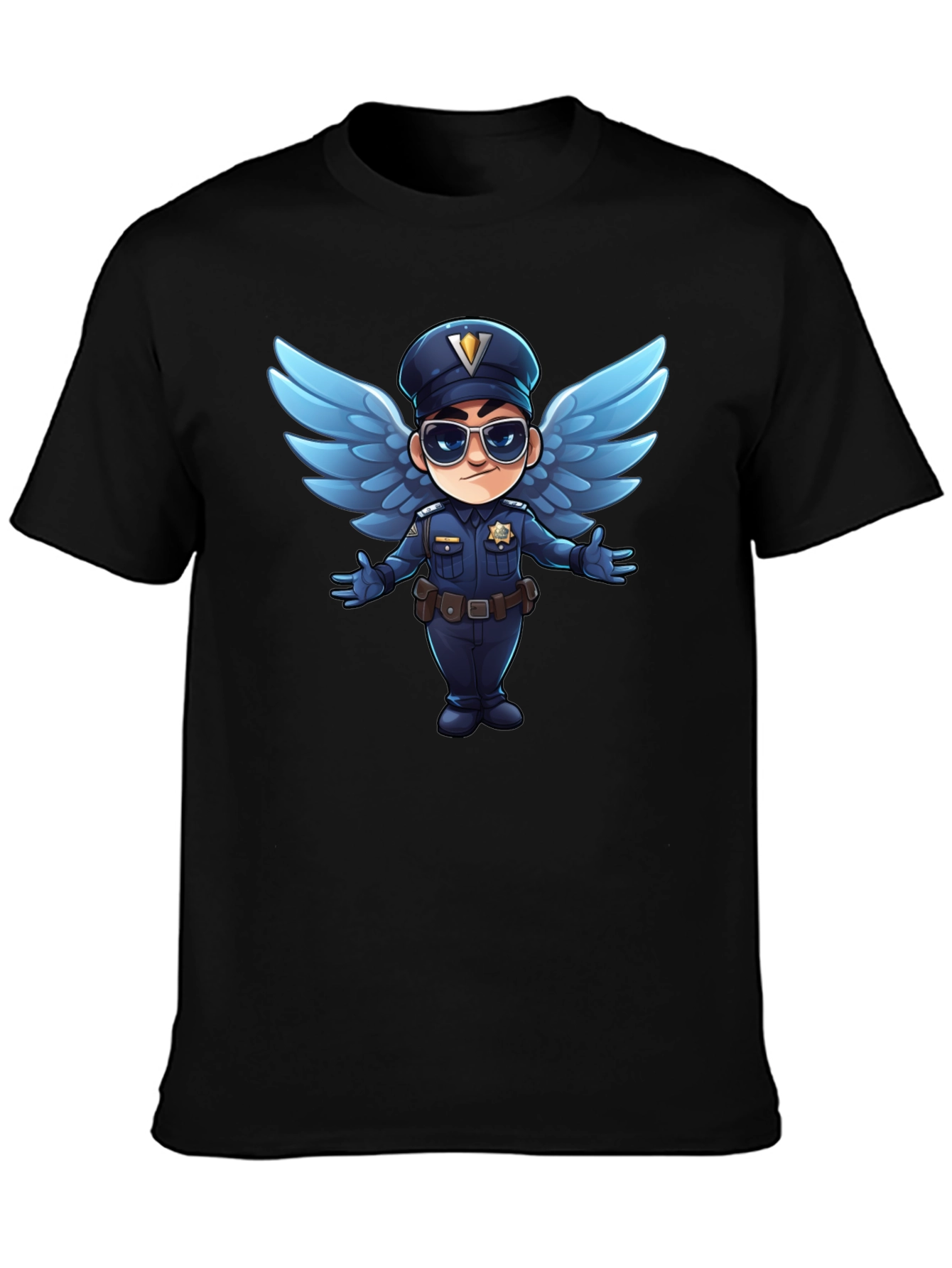 Black Cartoon Angel Cop T-Shirt - Black view 3
