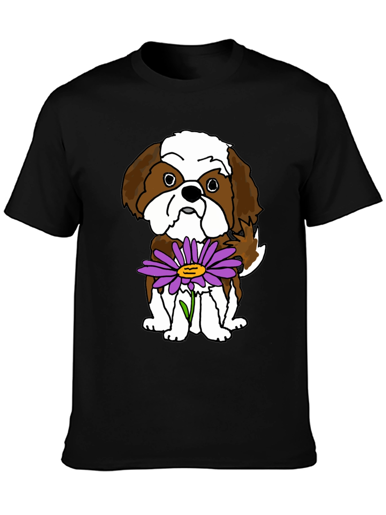 Black Cute Shih Tzu Dog with Flower Graphic T-Shirt view 3
