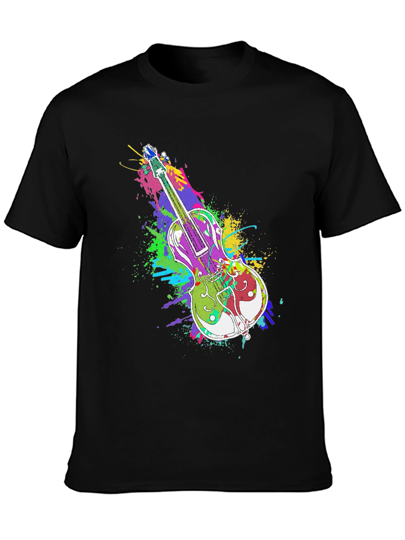 Black Colorful Violin Splatter Print T-Shirt - Unique Music Design view 3