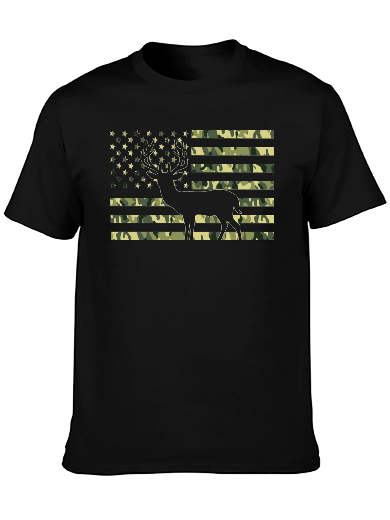 Black Camo American Flag Deer Graphic T-Shirt view 3