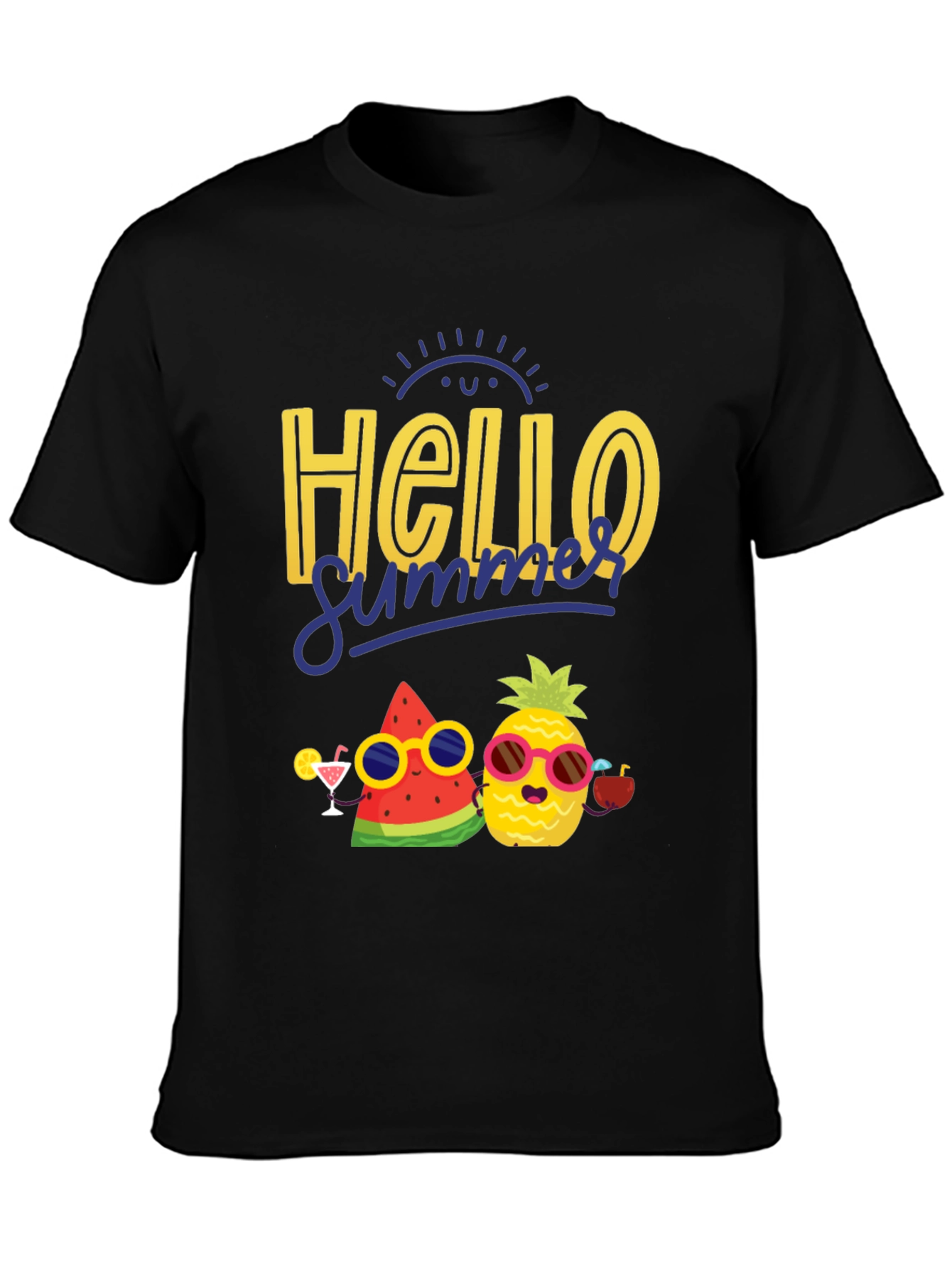 Black Hello Summer Graphic T-Shirt: Pineapple & Watermelon view 3