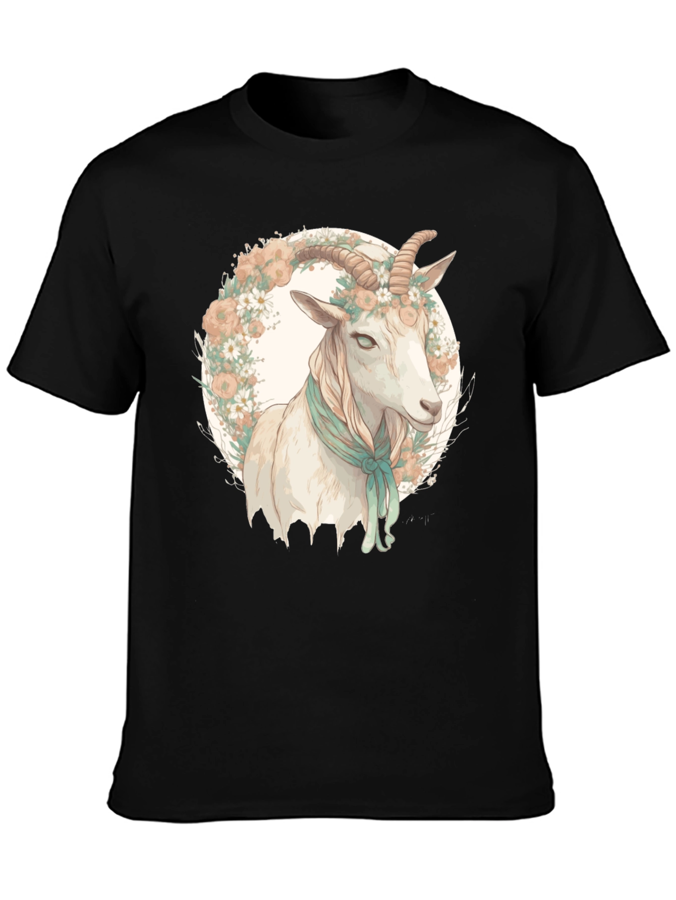 Black Goat Floral Wreath Black T-Shirt view 3