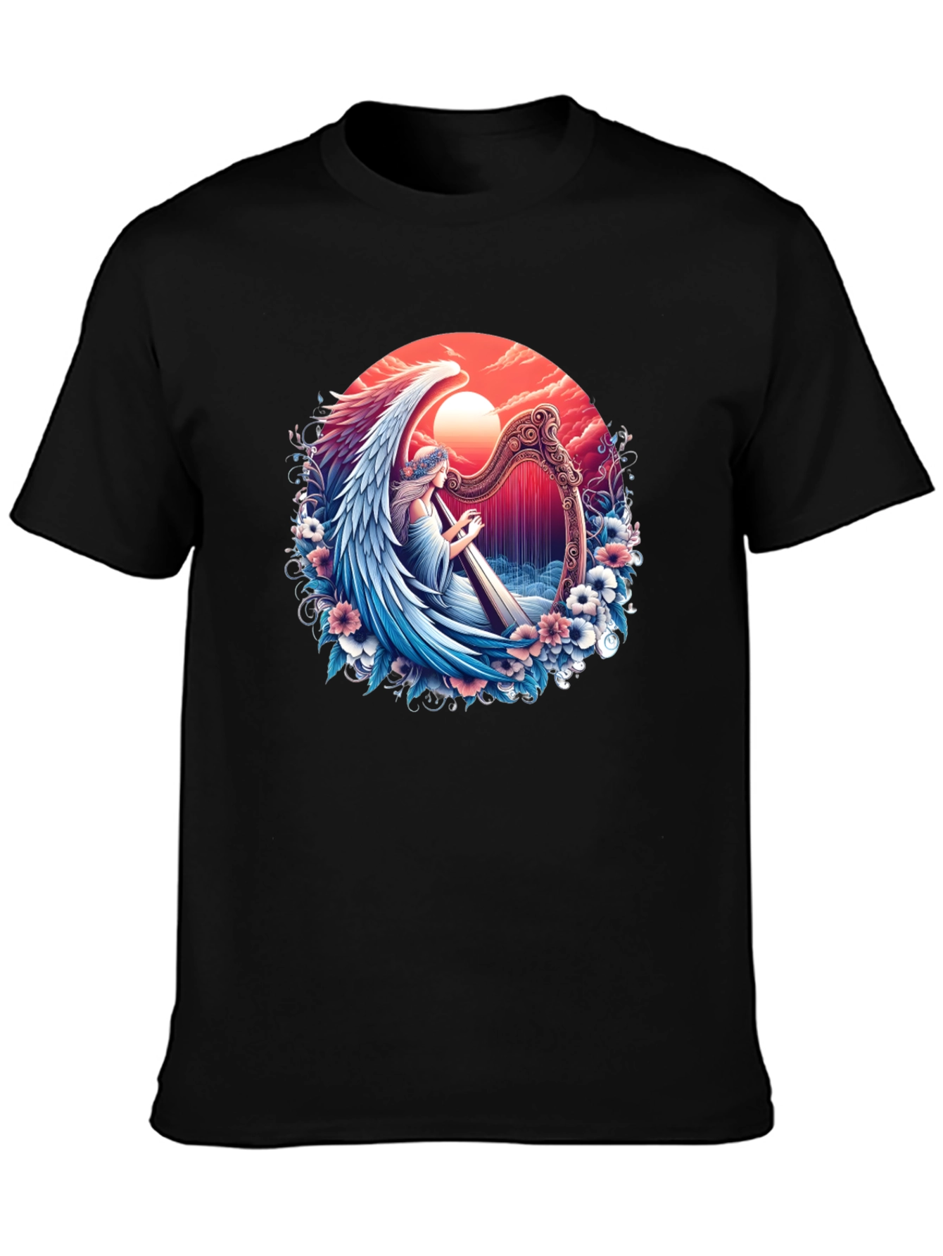 Black Angel Harpist Graphic T-Shirt - Celestial Harmony view 3