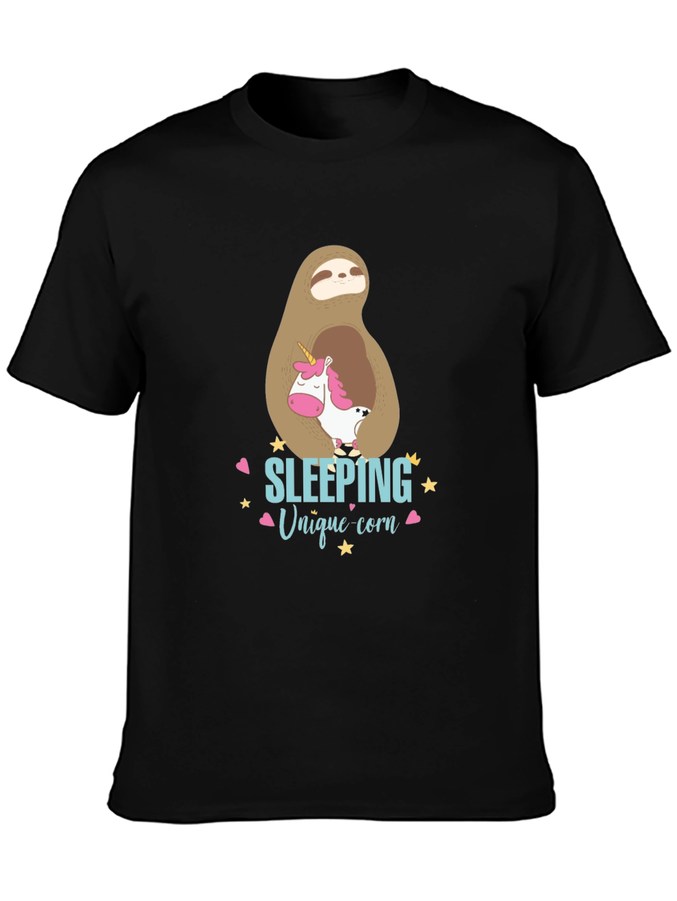 Black Cute Sloth & Unicorn Graphic T-Shirt view 3