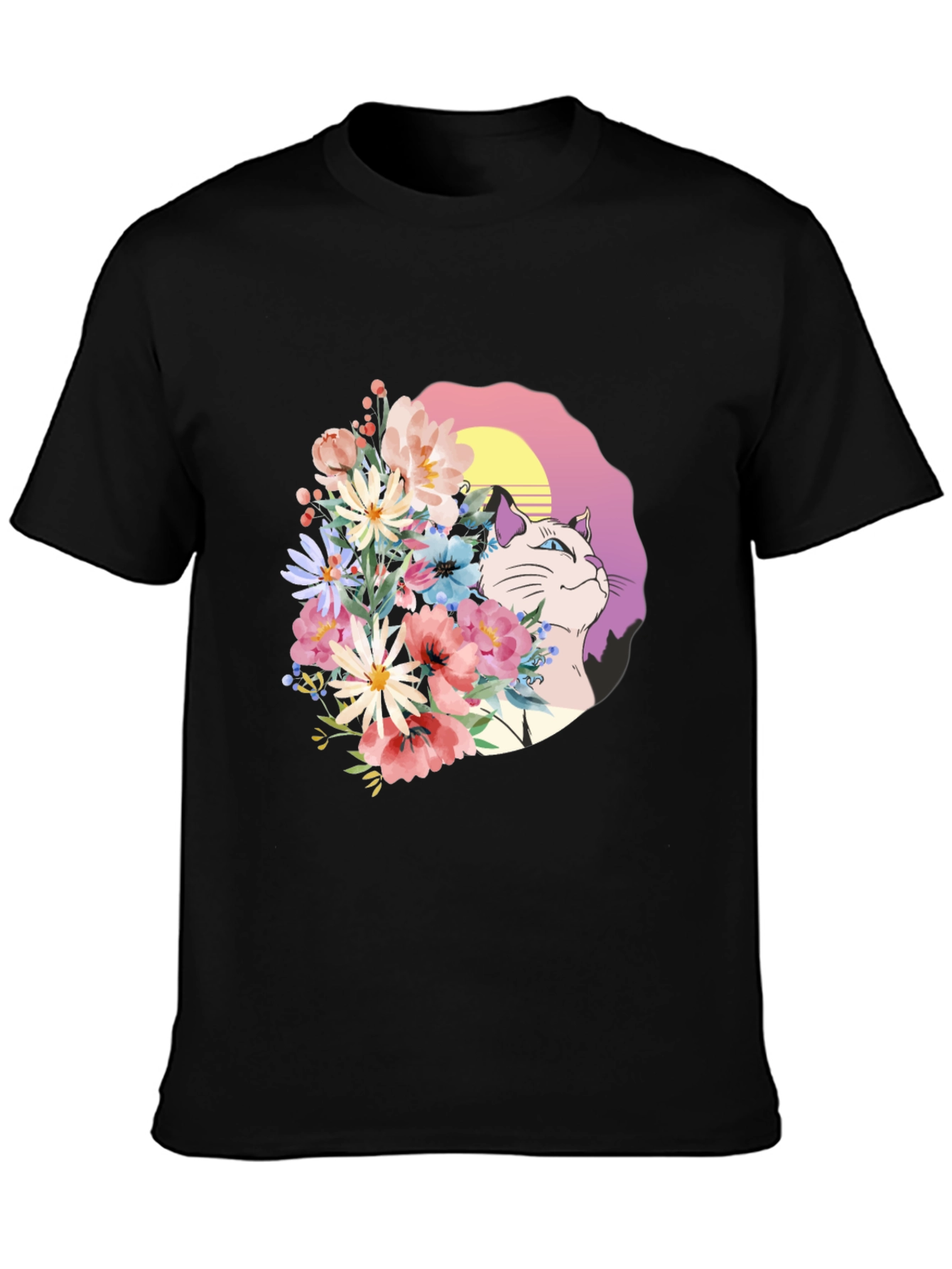 Black Floral Cat Graphic Black T-Shirt view 3