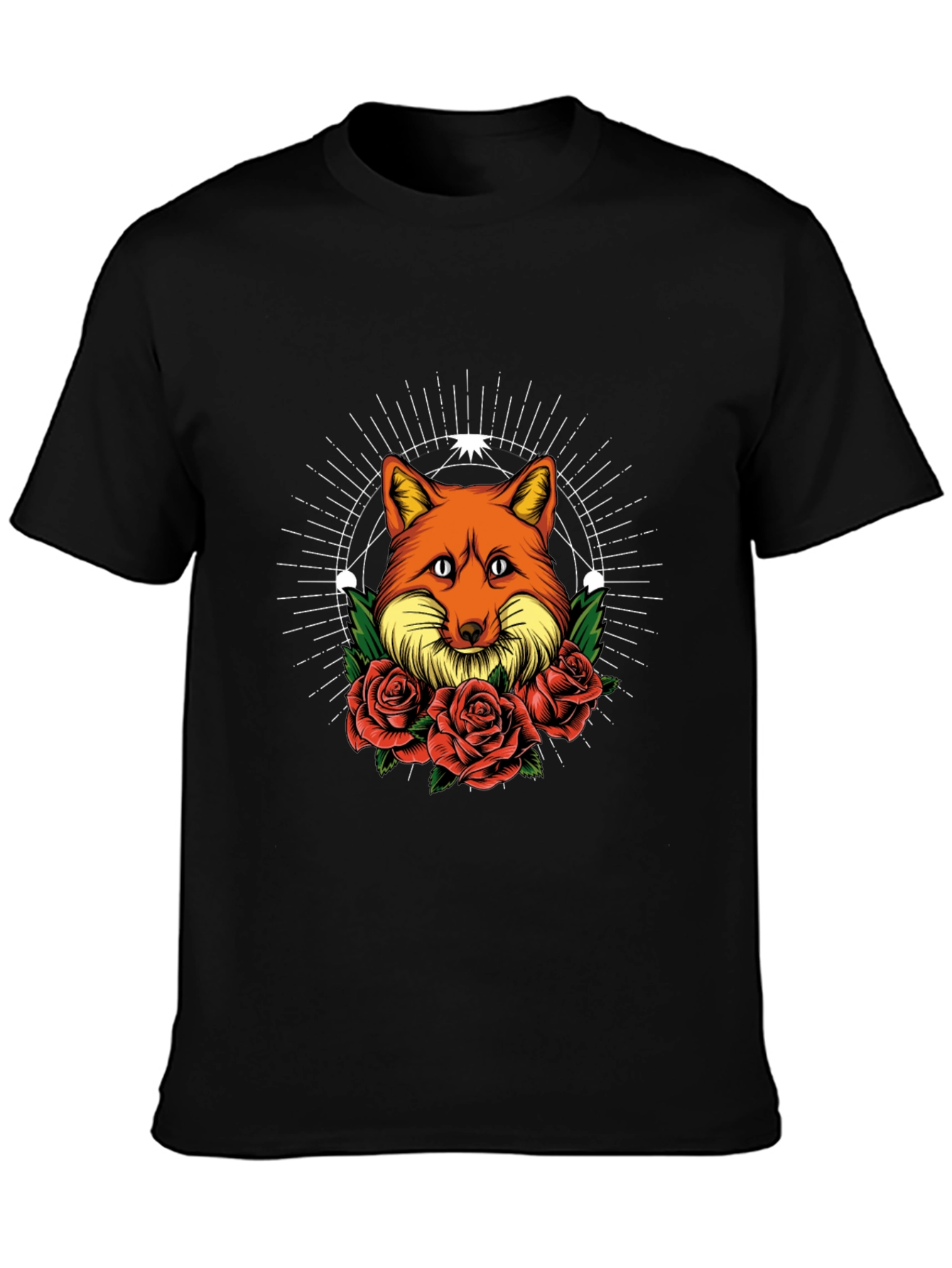 Black Fox & Roses Graphic Print Tee - Stylish Men's Black T-Shirt view 3