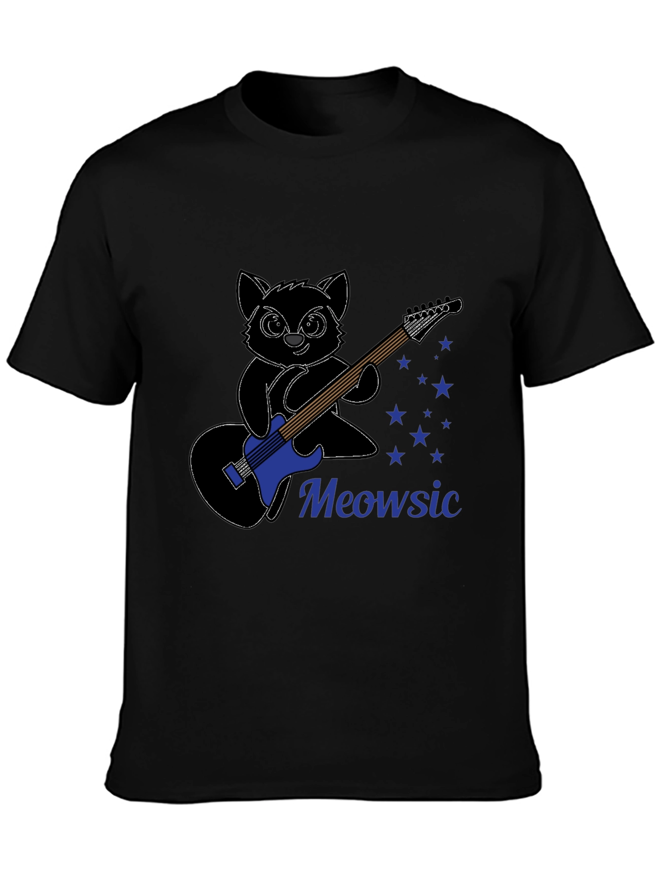 Black Meowsic T-Shirt: Cat Playing Guitar view 3