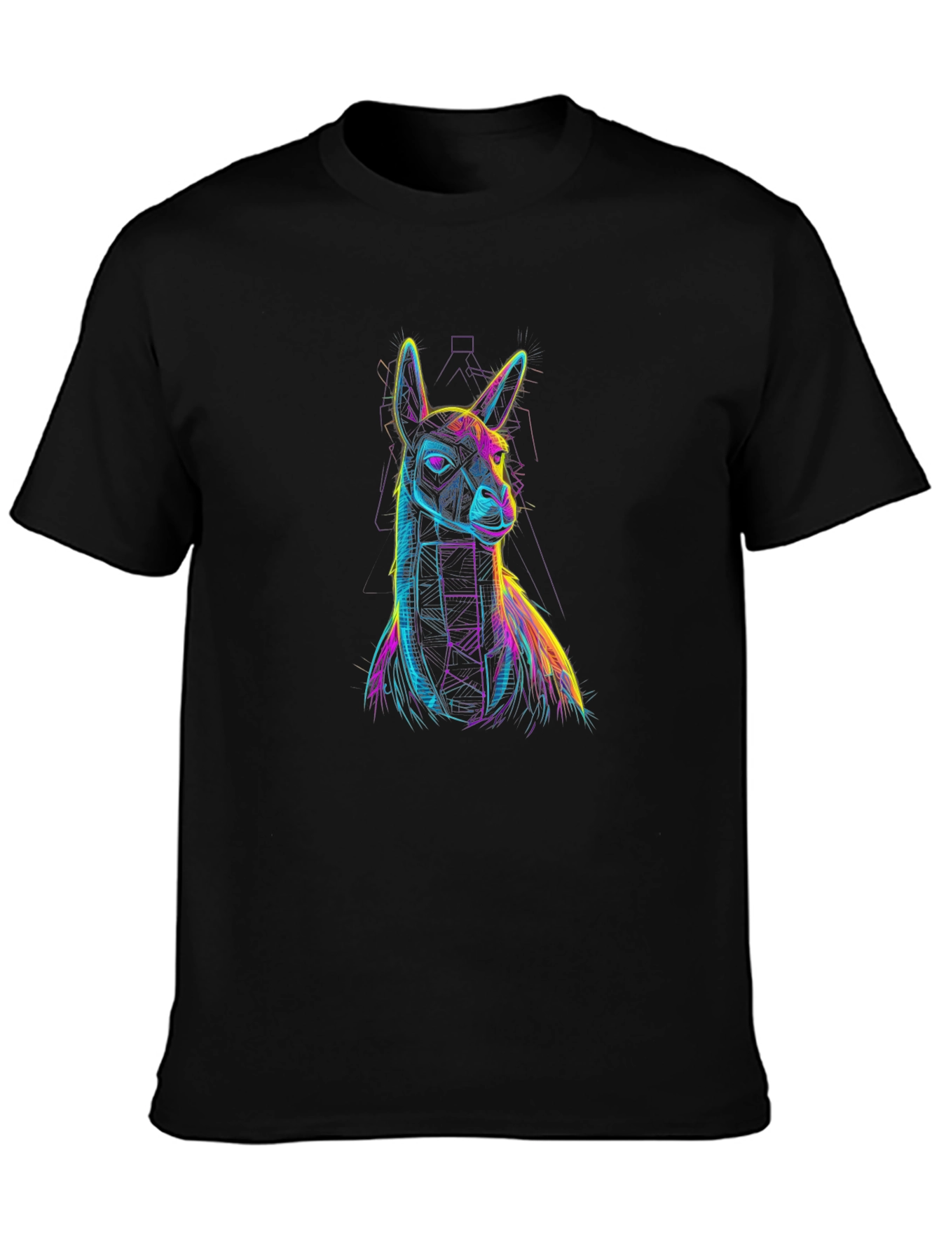 Black Neon Llama Graphic Print Black T-Shirt view 3