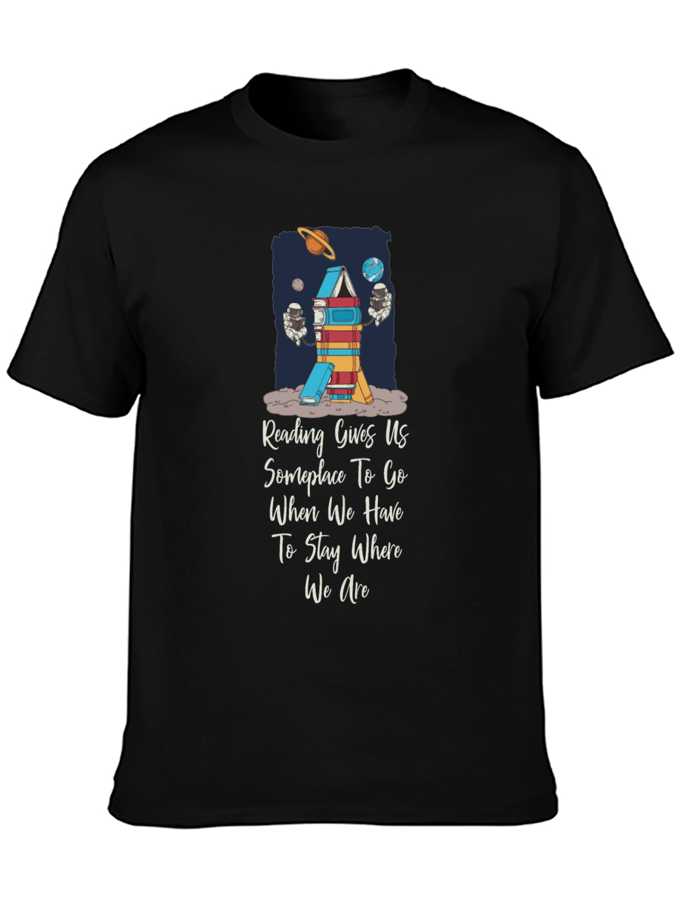 Black Reading Rocket T-Shirt - Space & Books view 3