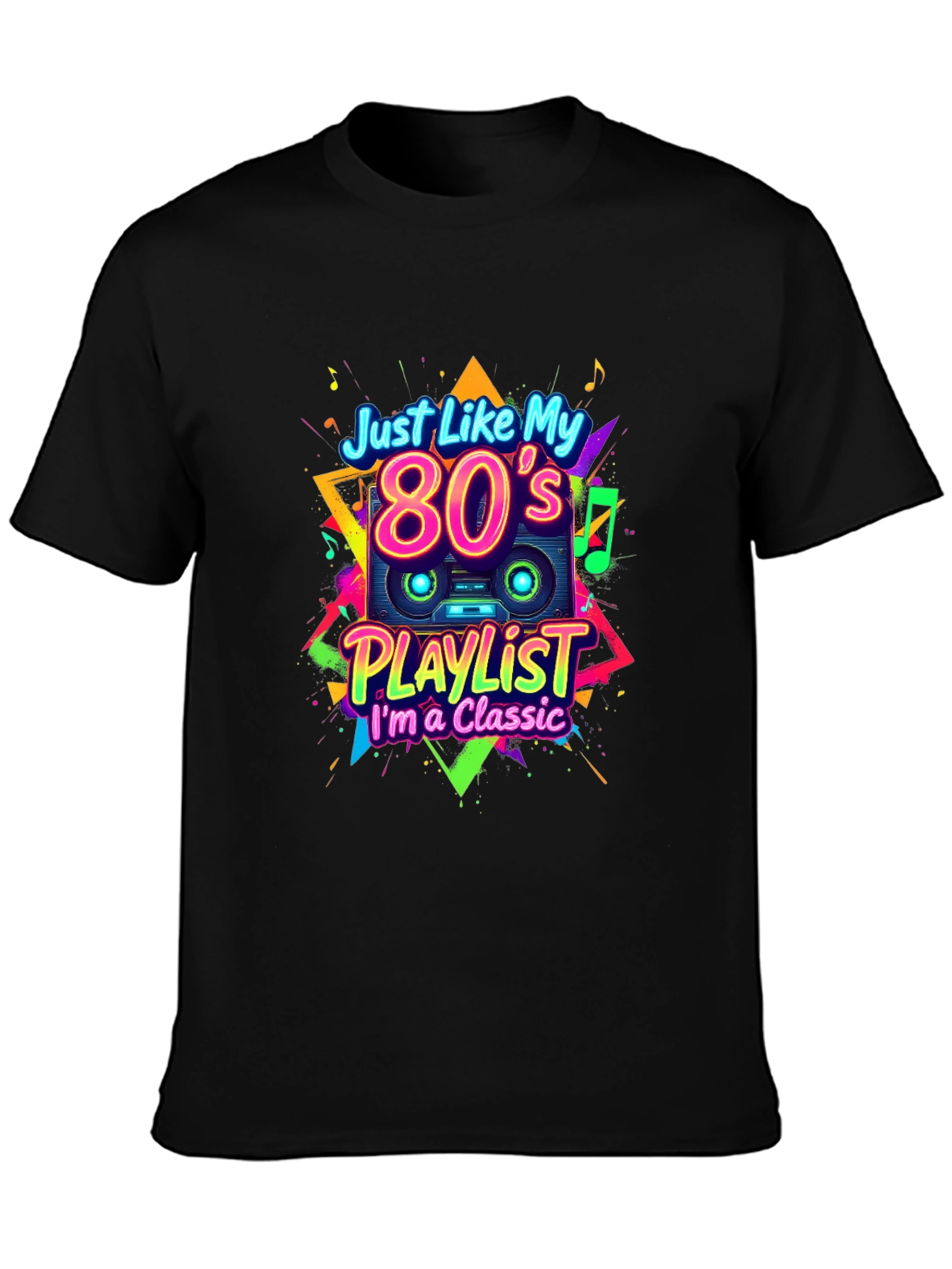 Black 80's Playlist Classic Black T-Shirt view 3