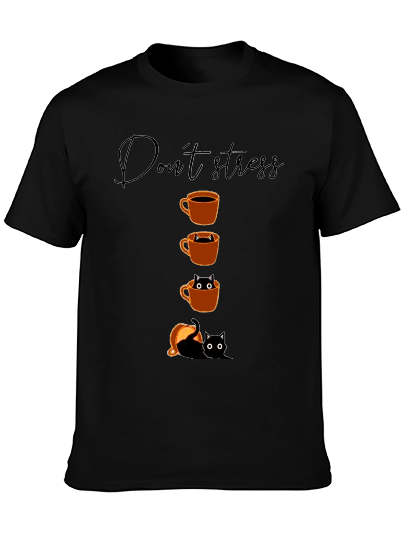 Black Don't Stress Coffee Cat T-Shirt view 3