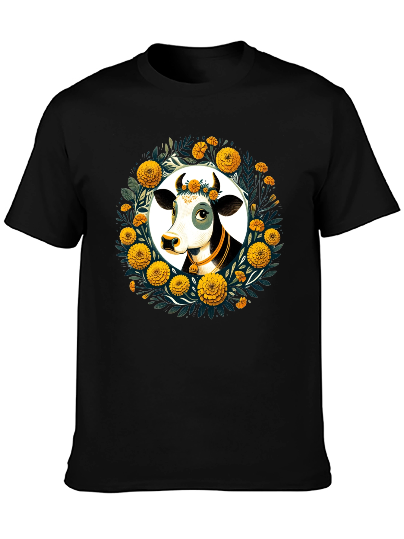 Black Floral Cow Graphic Tee - Black Unisex T-Shirt view 3