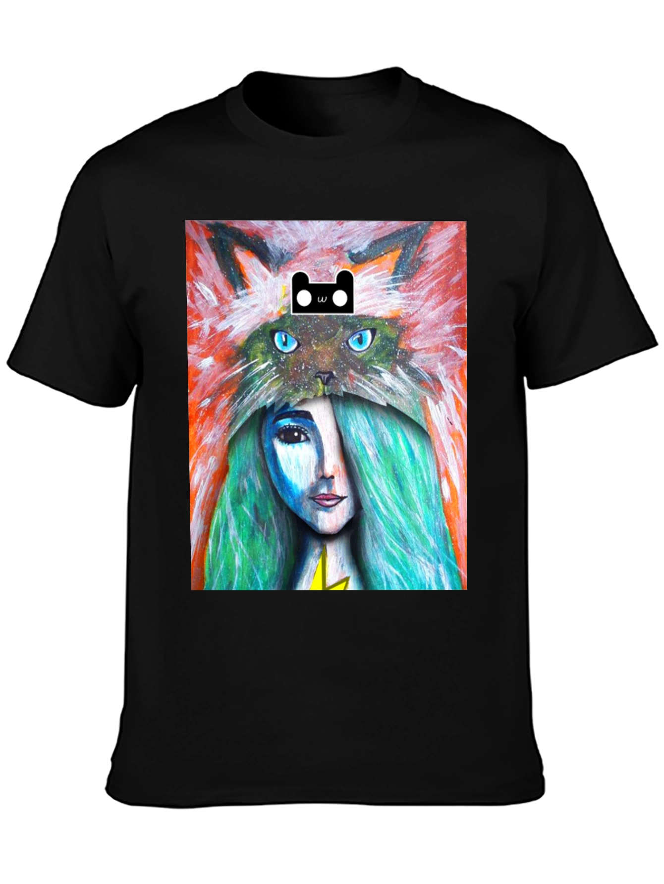 Black Artistic T-Shirt with Cat and Woman Design view 3