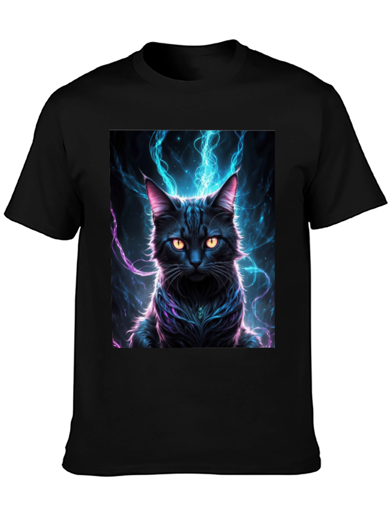 Mystic Feline T-Shirt: Black Cat with Electric Aura Design - 3