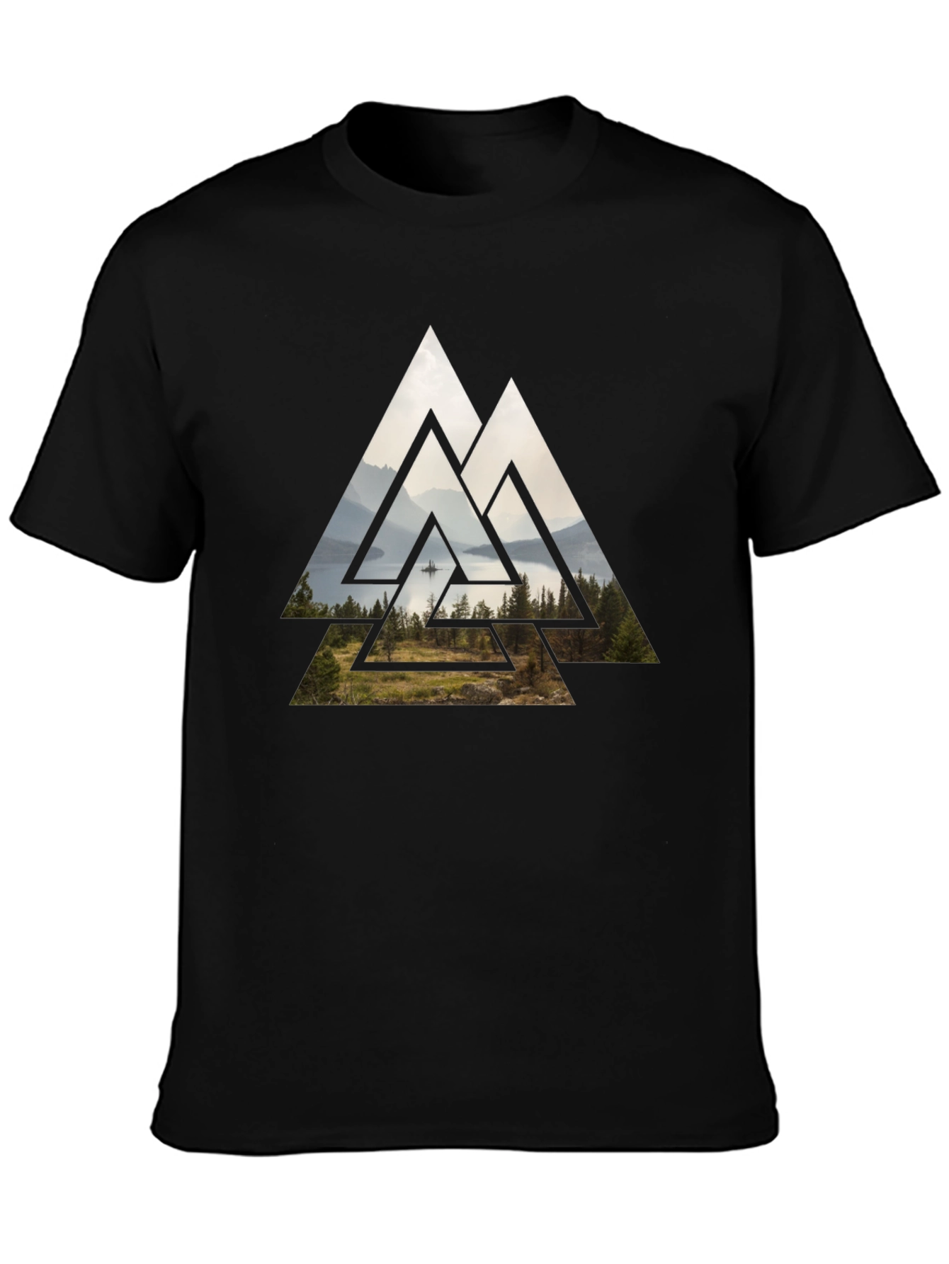 Black Geometric Landscape Graphic Tee - Black Cotton Blend view 3
