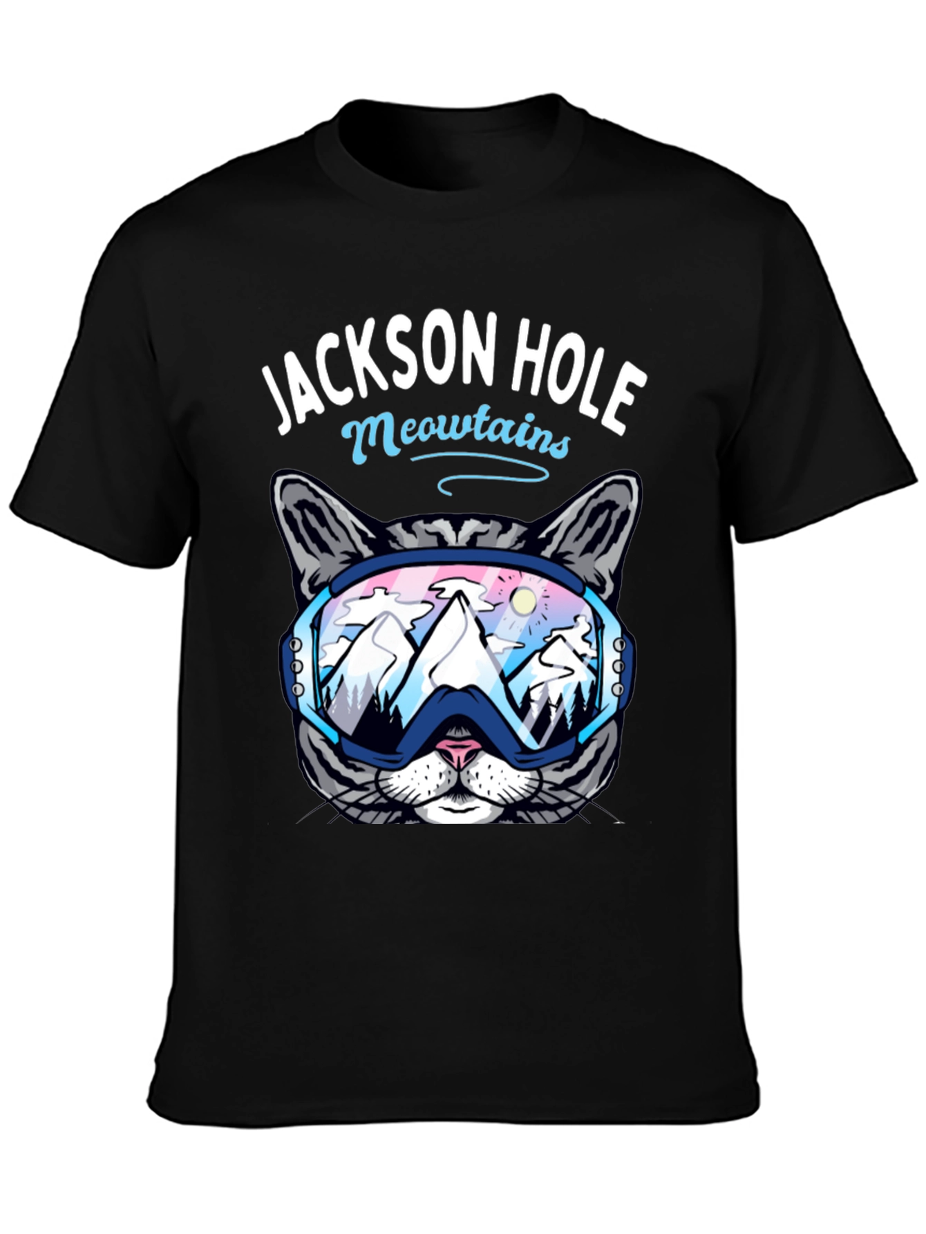 Black Jackson Hole Meowtains Cat Ski T-Shirt view 3