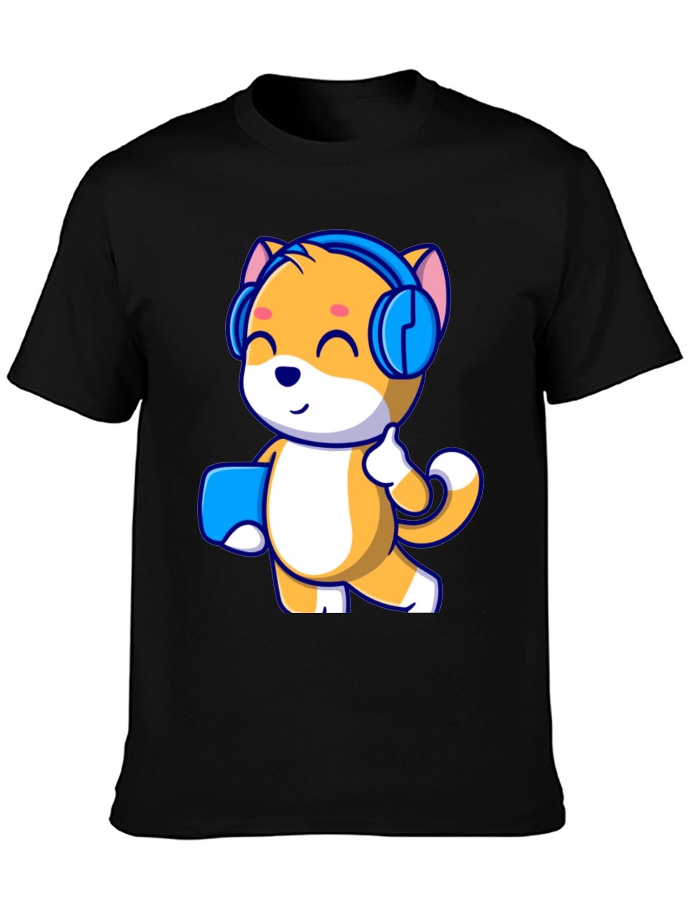 Black Cute Cartoon Cat with Headphones Black T-Shirt view 3