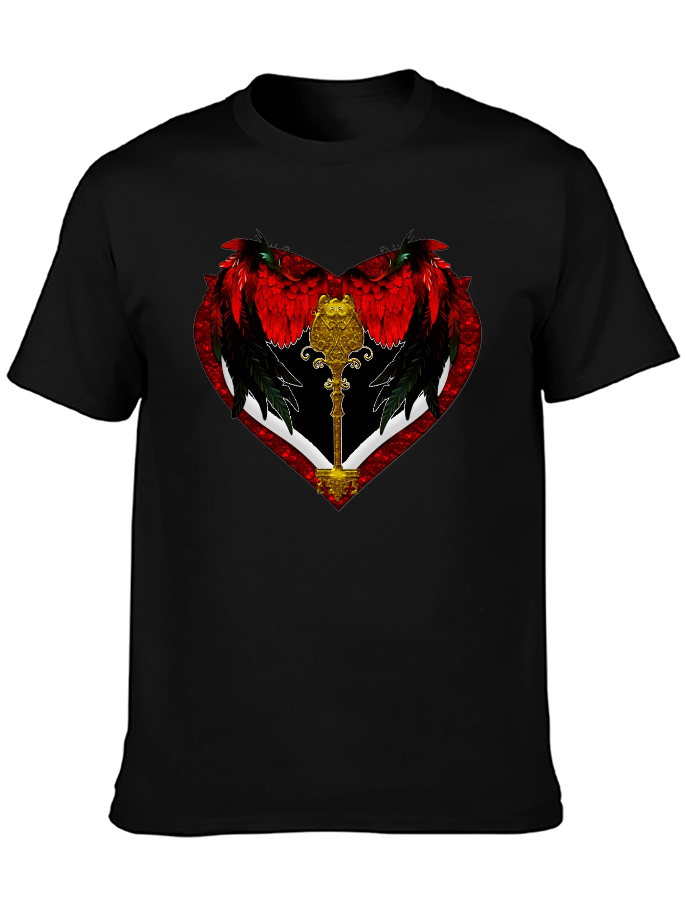 Black Winged Heart Key Graphic Black T-Shirt view 3