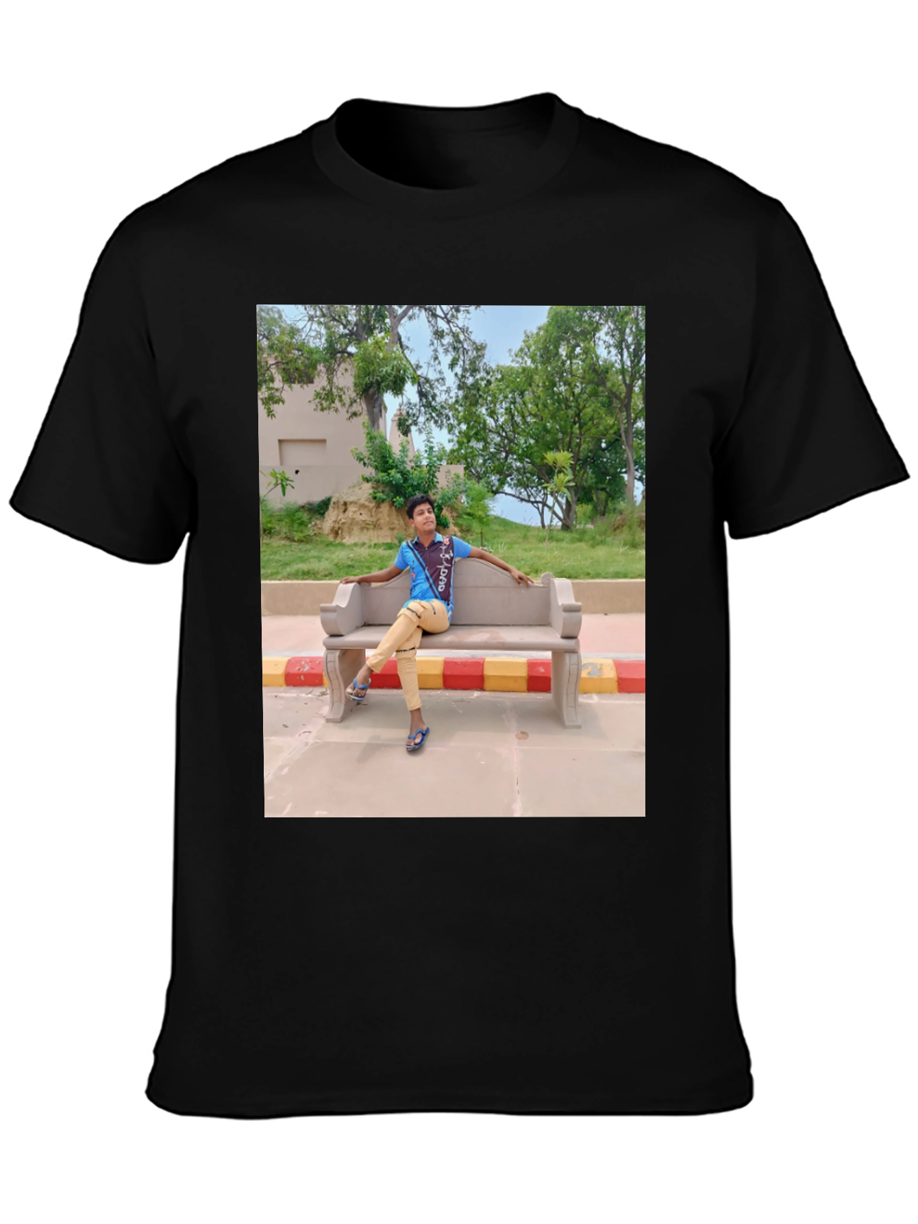 Black Black T-Shirt with Picture of Boy on Bench view 3