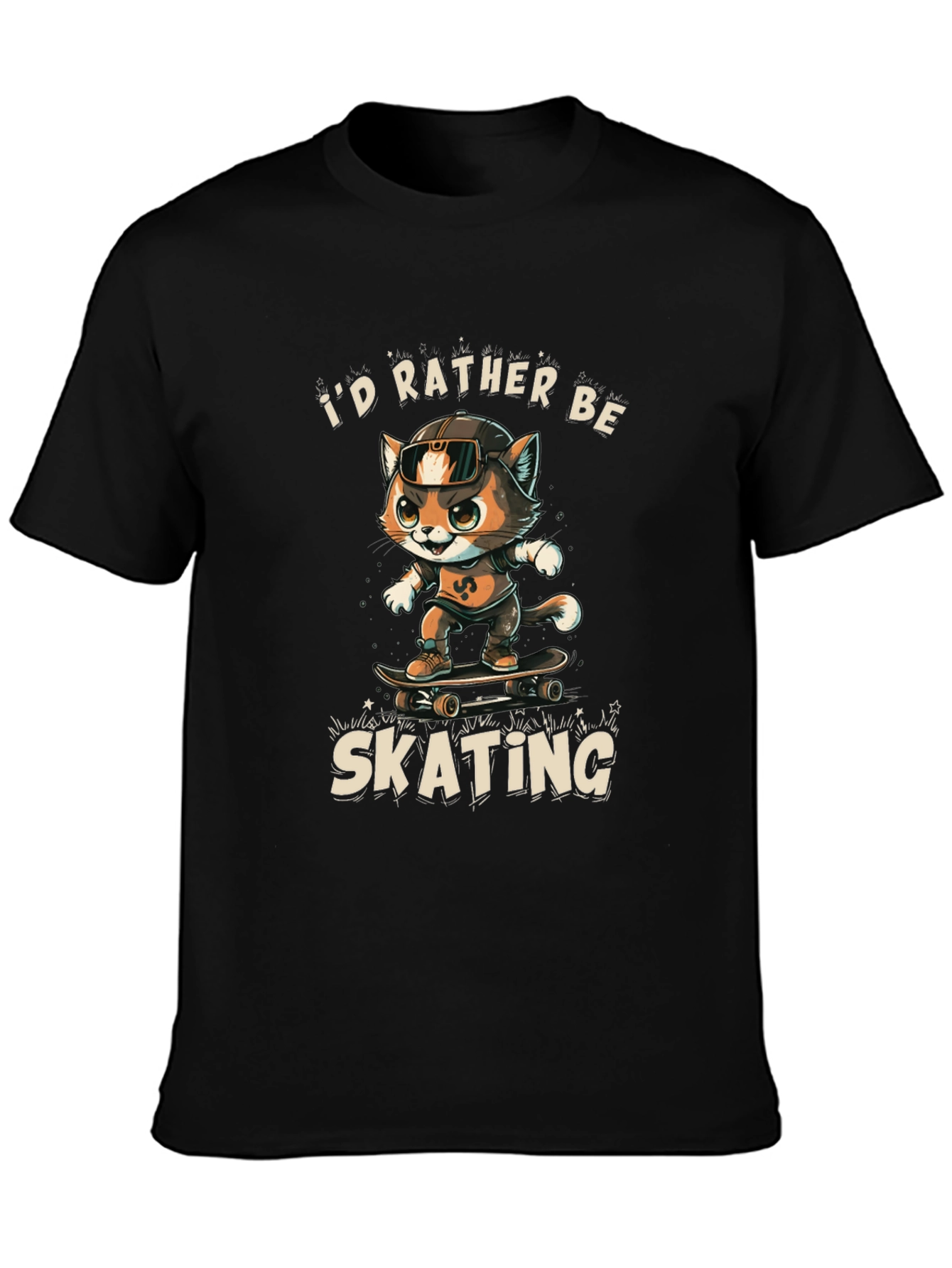 Black Cool Cat Skateboarder Graphic Tee view 3