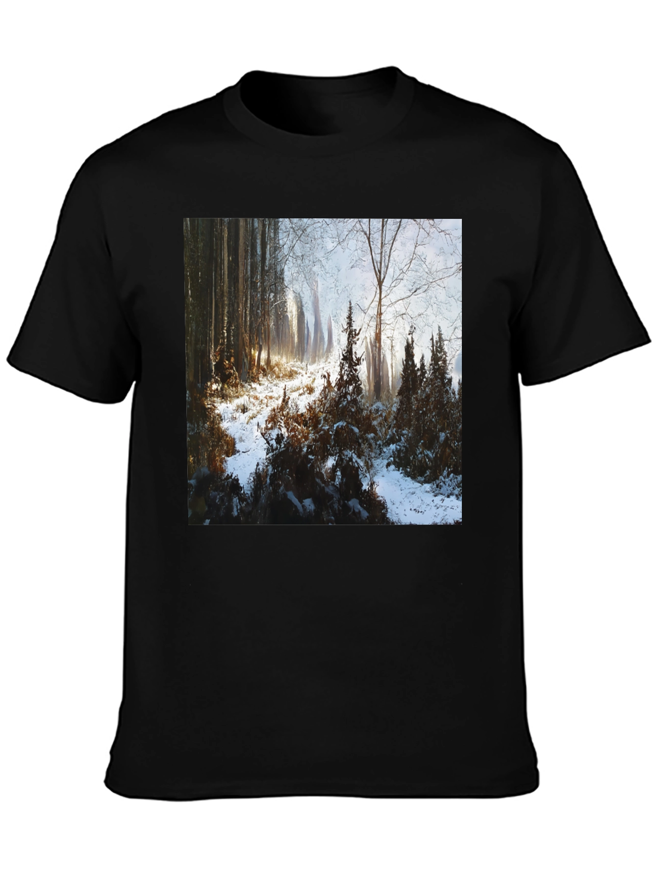 Black Winter Forest Scene T-Shirt view 3