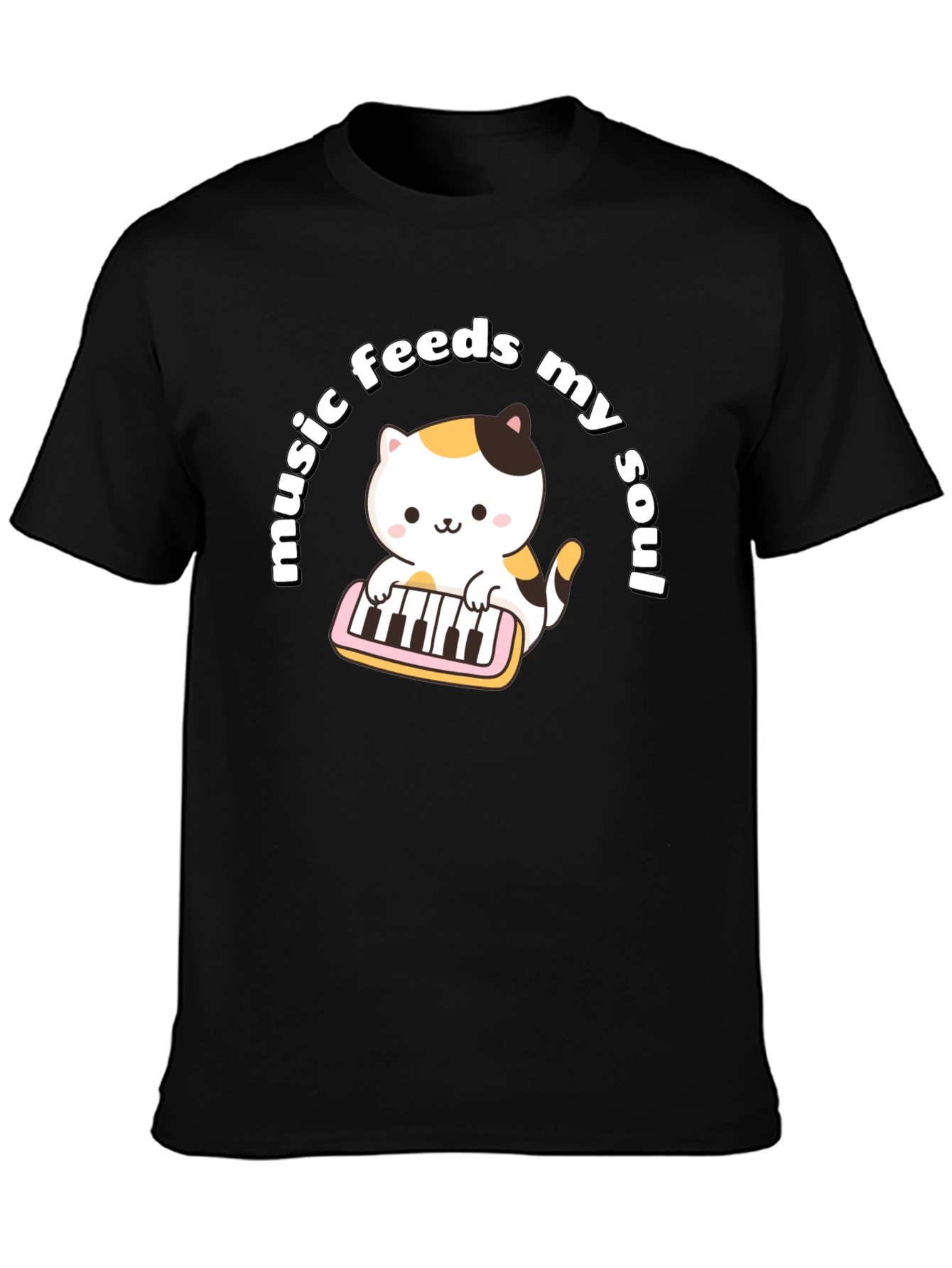 Black Music Feeds My Soul Cat Playing Keyboard Black T-Shirt view 3
