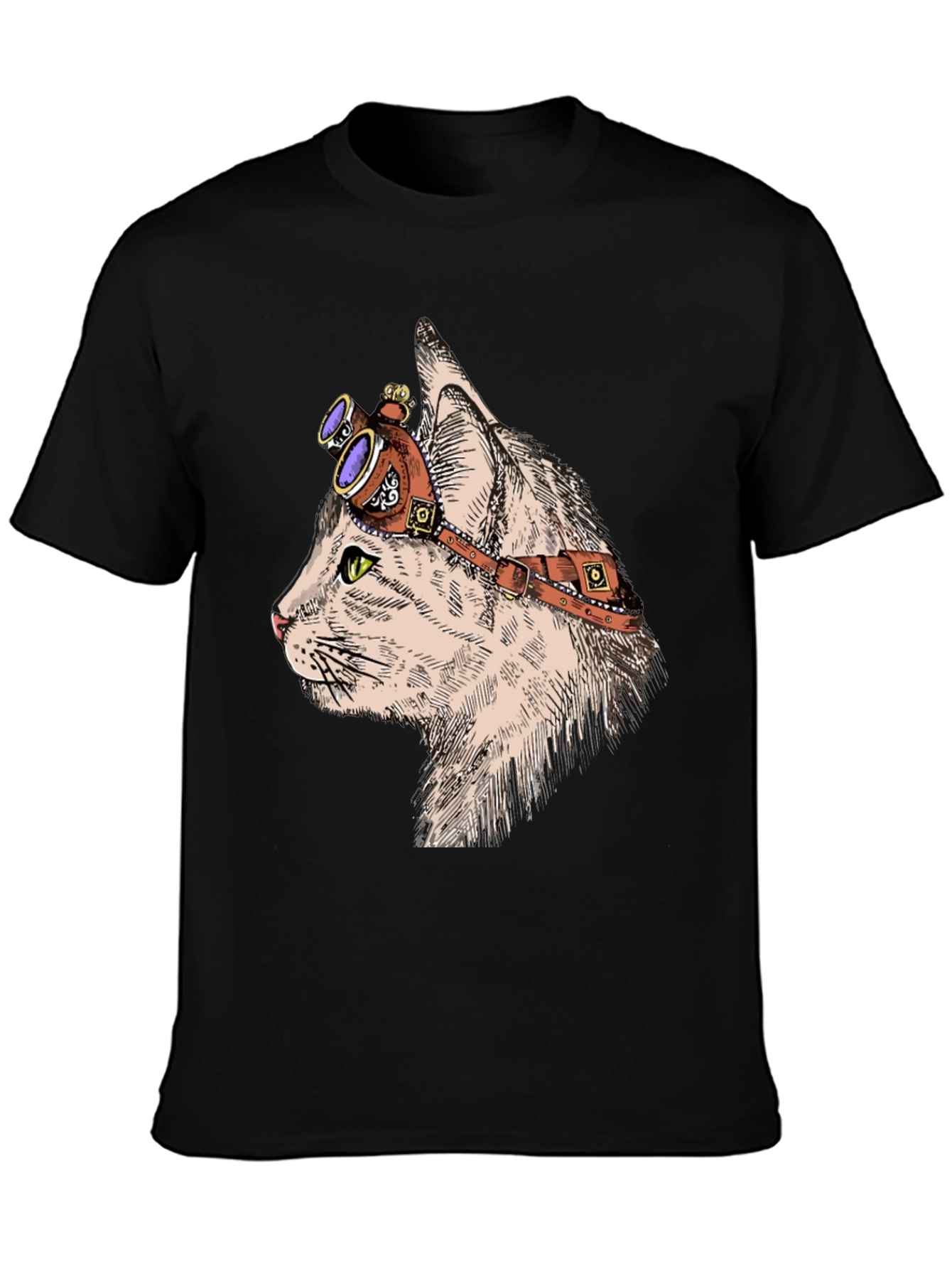 Black Steampunk Cat T-Shirt: Cool Feline with Goggles view 3