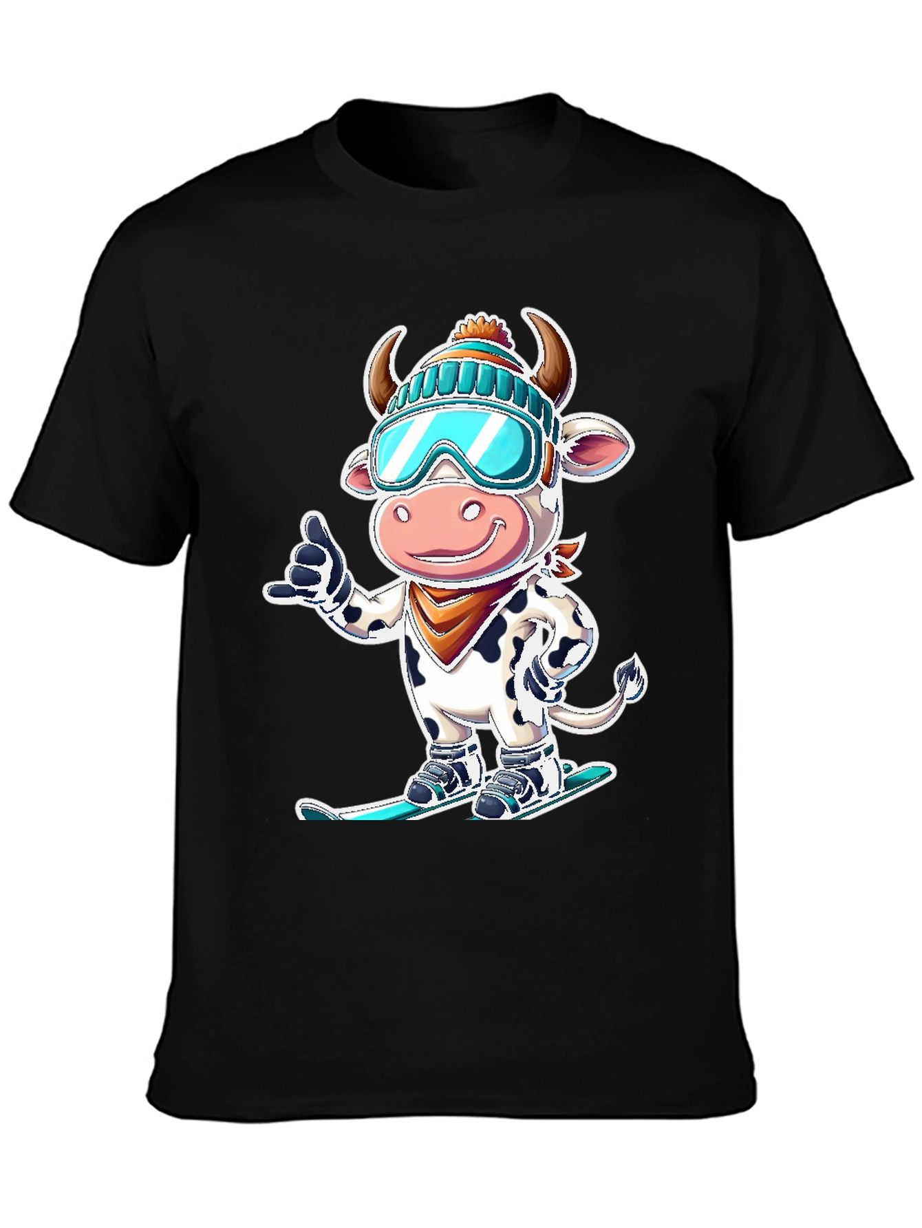 Black Skiing Cow Graphic Tee - Fun Winter T-Shirt view 3