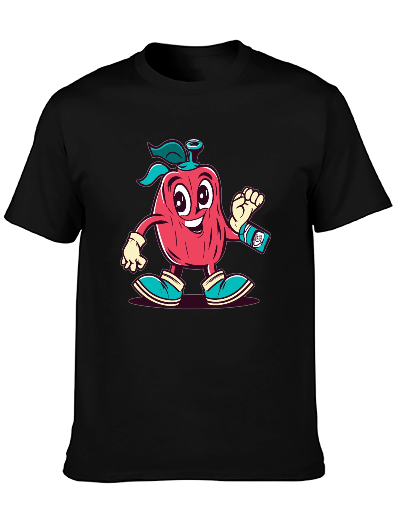 Black Cartoon Apple Character Black T-Shirt view 3