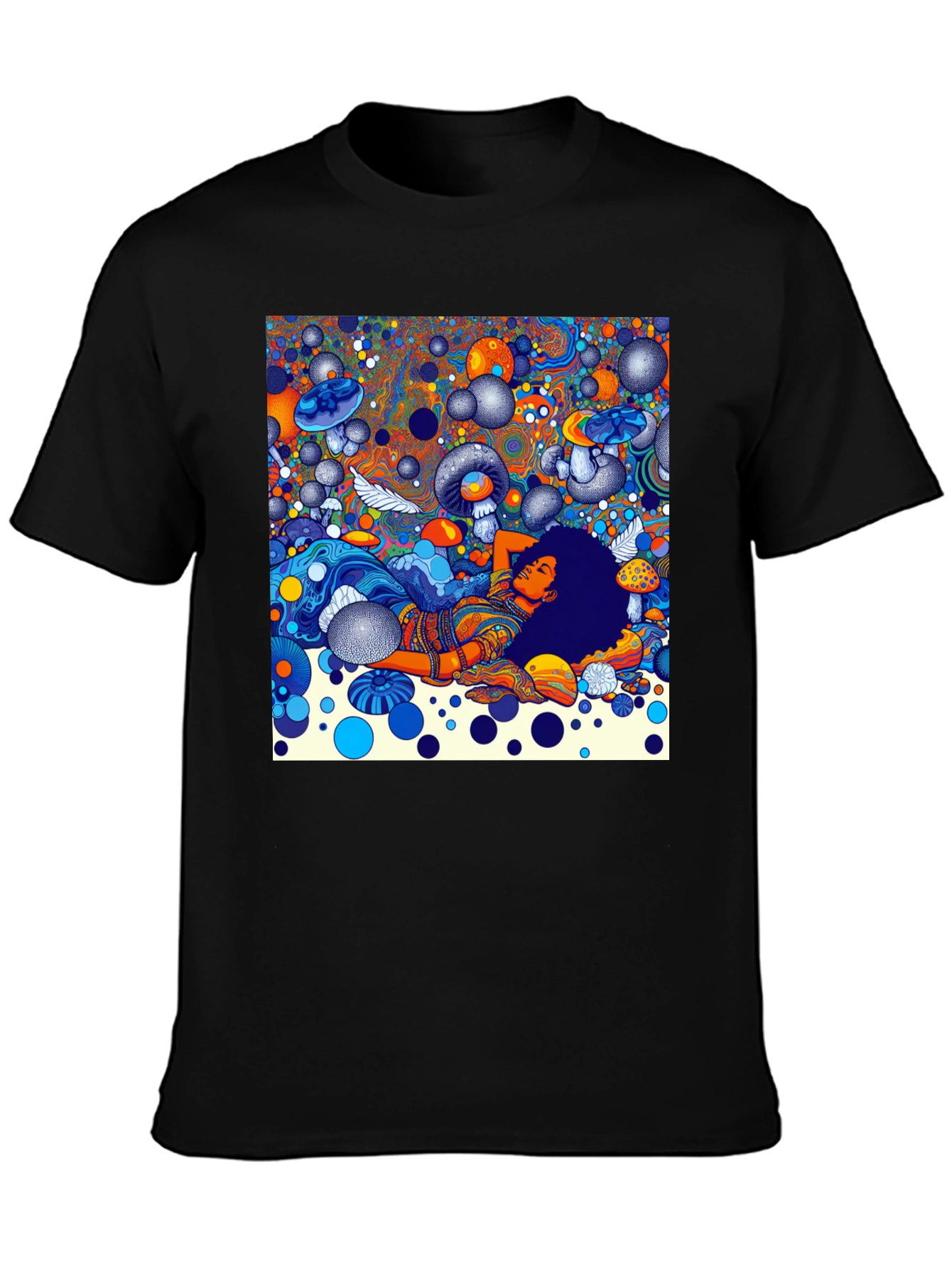 Black Psychedelic Dream T-Shirt - Colorful Mushroom Scene view 3