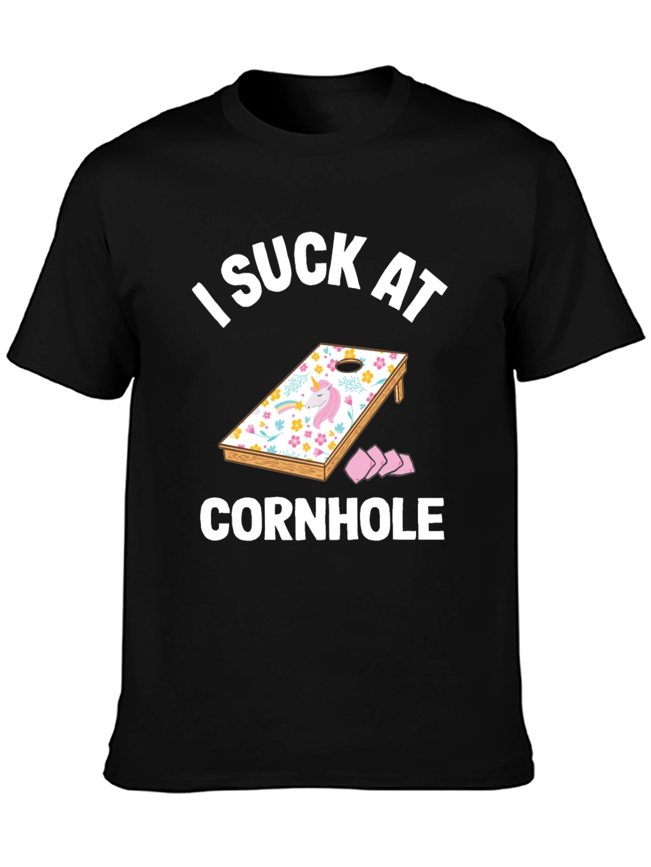 Black I Suck at Cornhole T-Shirt - Unicorn Design view 3